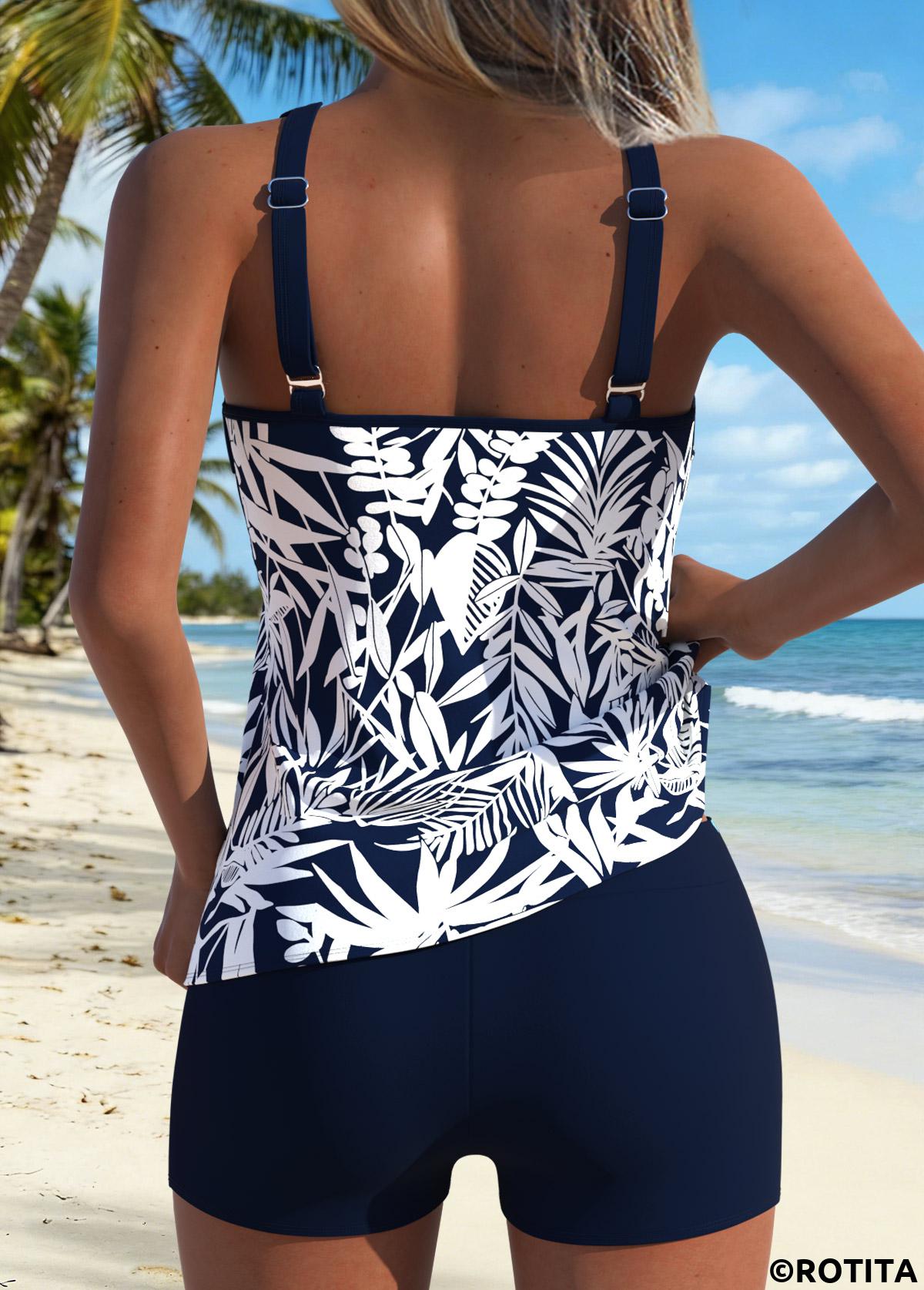Blue swimwear,Plants swimwear,ROTITA Blue Two-piece Tropical Plants Print Mid Waisted Tankini Set