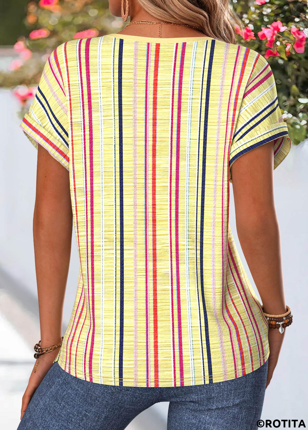 Yellow tops,Striped tops,Geometric tops,ROTITA Tummy Coverage Multi Stripe Print Yellow Blouse