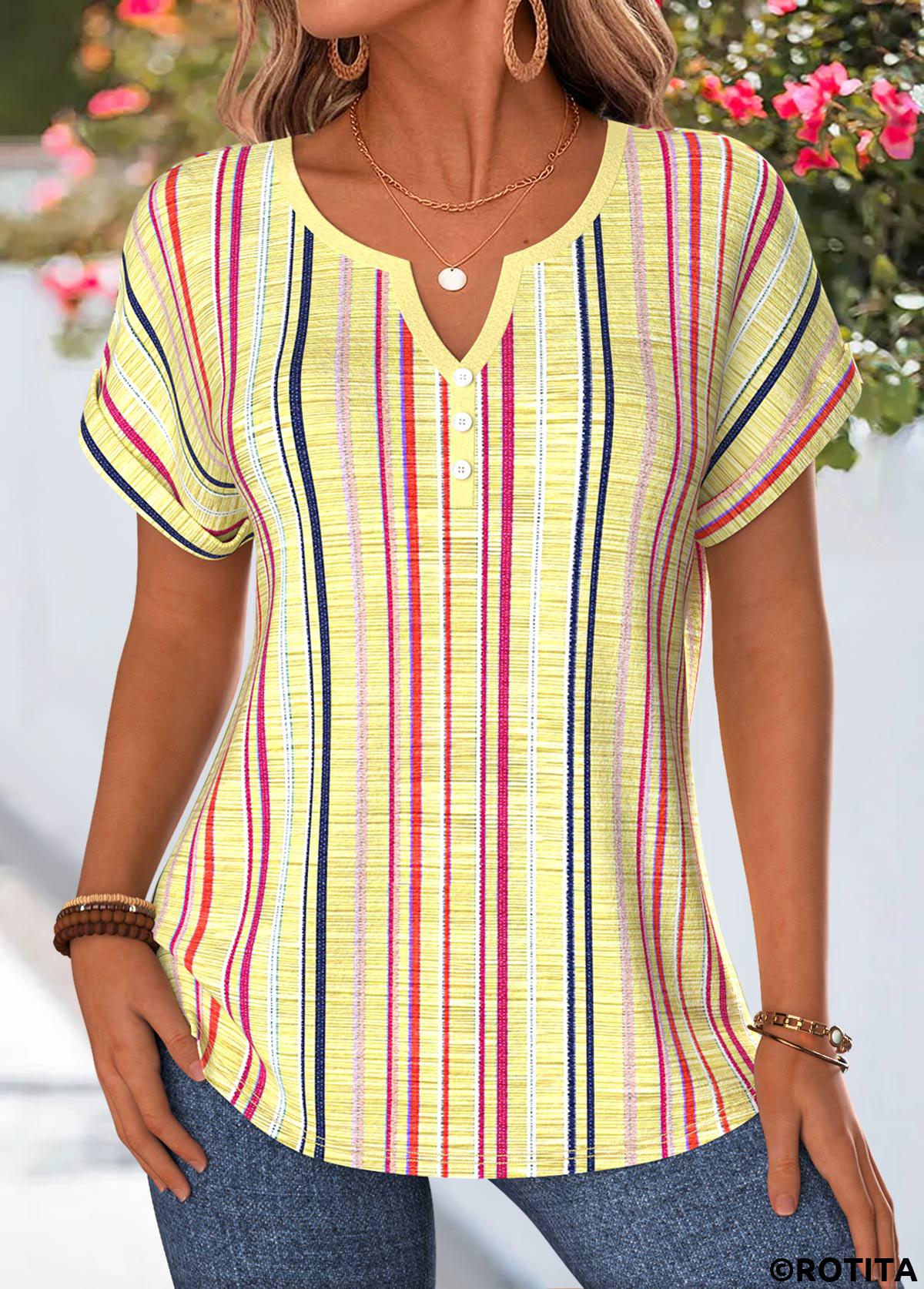 Yellow tops,Striped tops,Geometric tops,ROTITA Tummy Coverage Multi Stripe Print Yellow Blouse