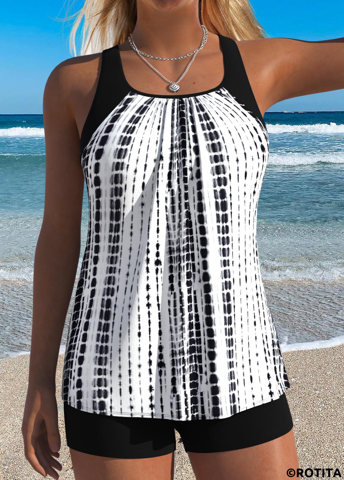 Black swimwear,Tie Dye swimwear,ROTITA Black Panelled Tie Dye Print Tankini Top