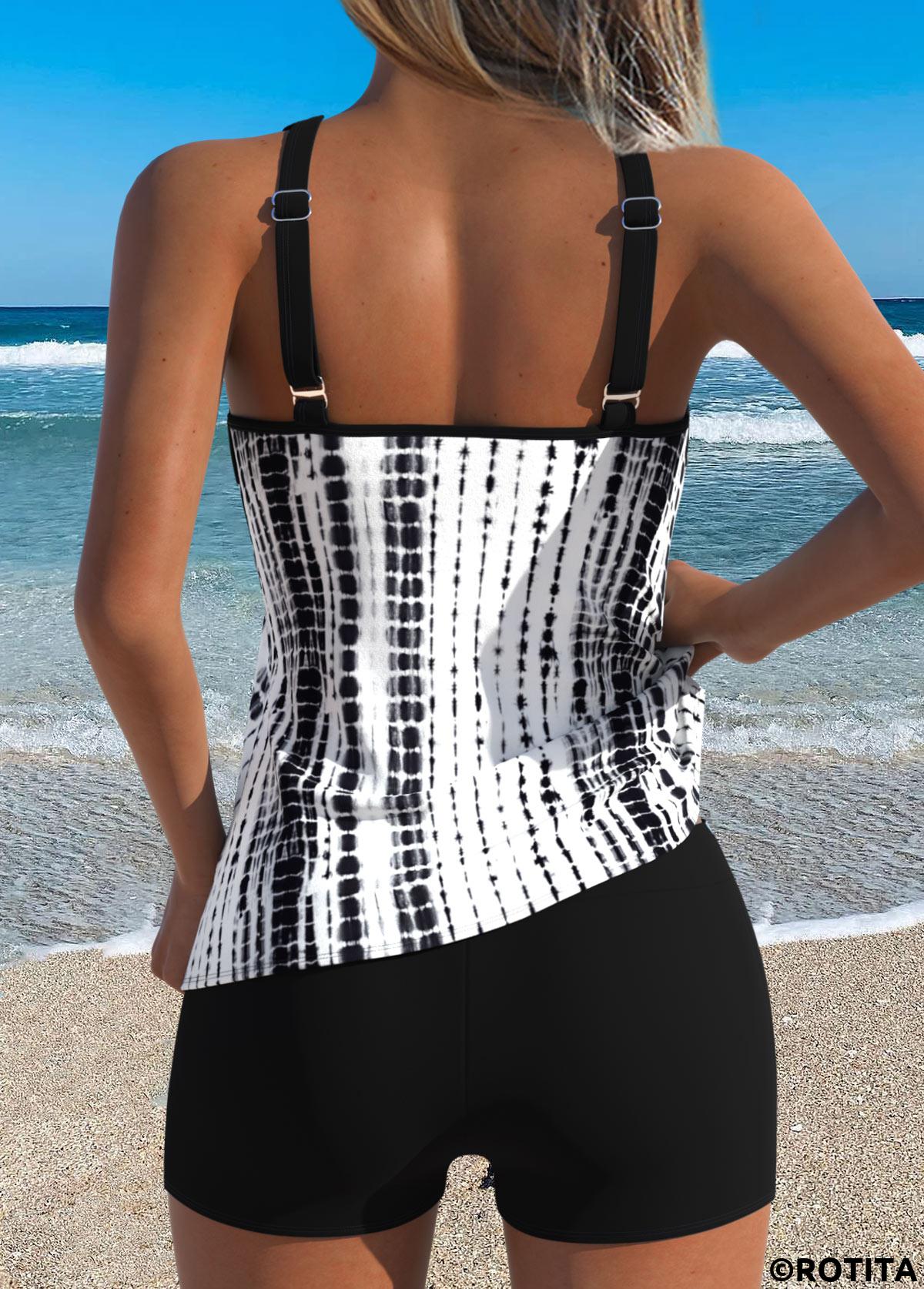 Black swimwear,Tie Dye swimwear,ROTITA Black Panelled Tie Dye Print Tankini Top