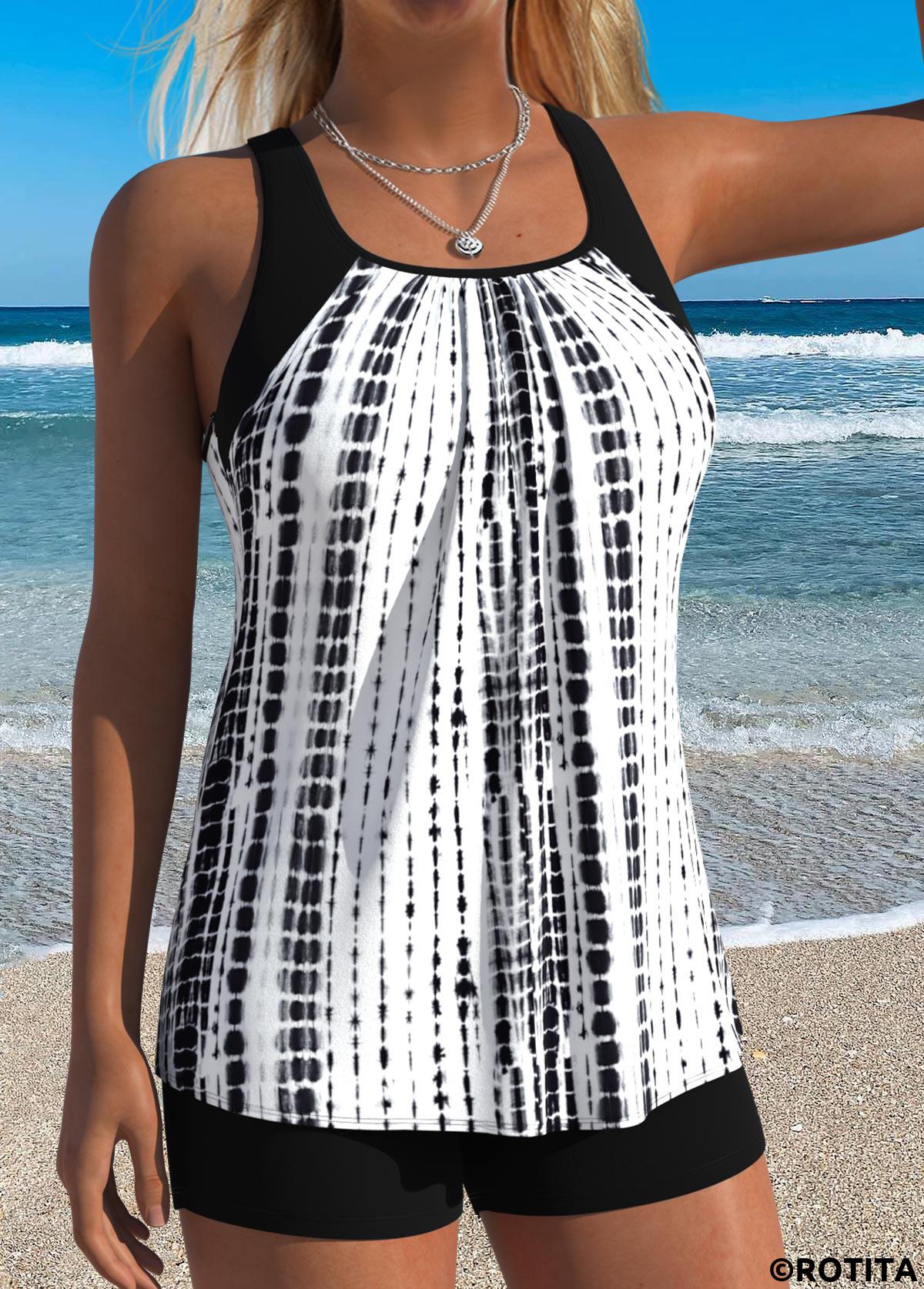 Black swimwear,Tie Dye swimwear,ROTITA Black Panelled Tie Dye Print Tankini Top