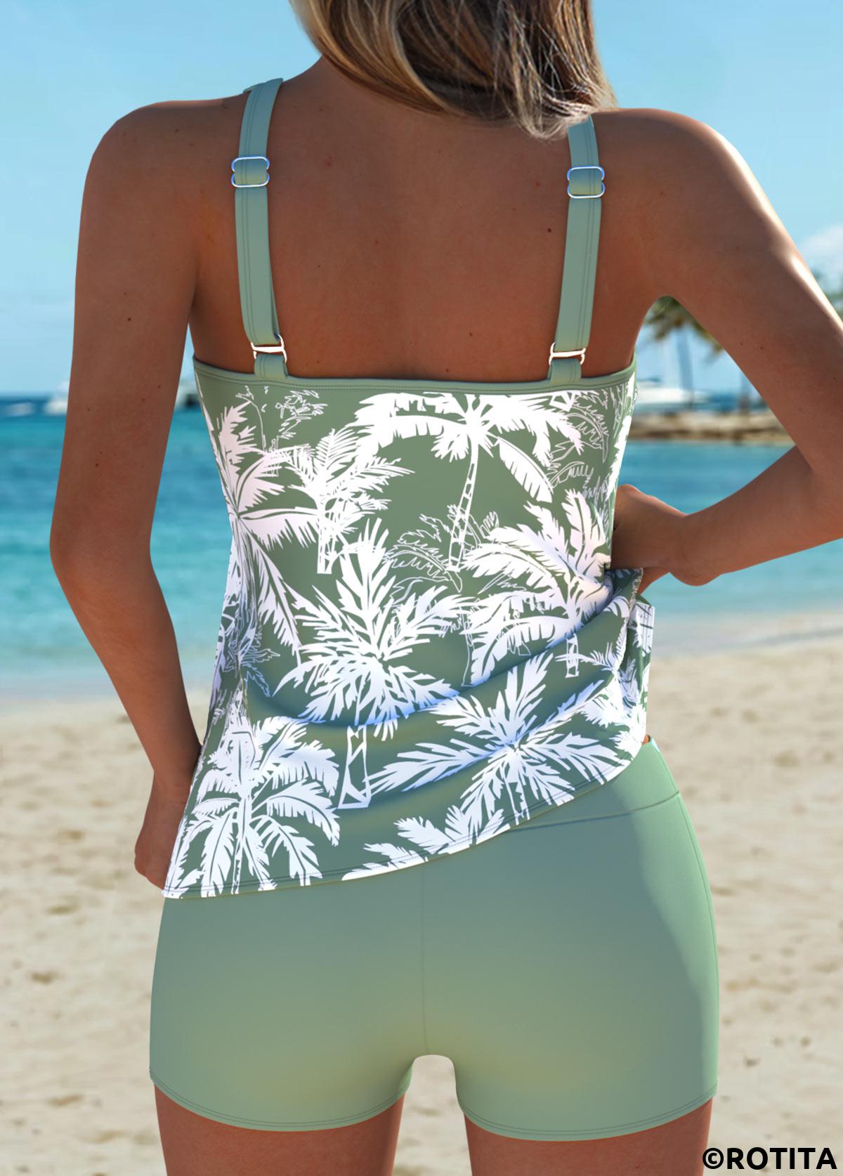 Sage Green swimwear,Plants swimwear,ROTITA Sage Green Patchwork Tropical Plants Print Tankini Set