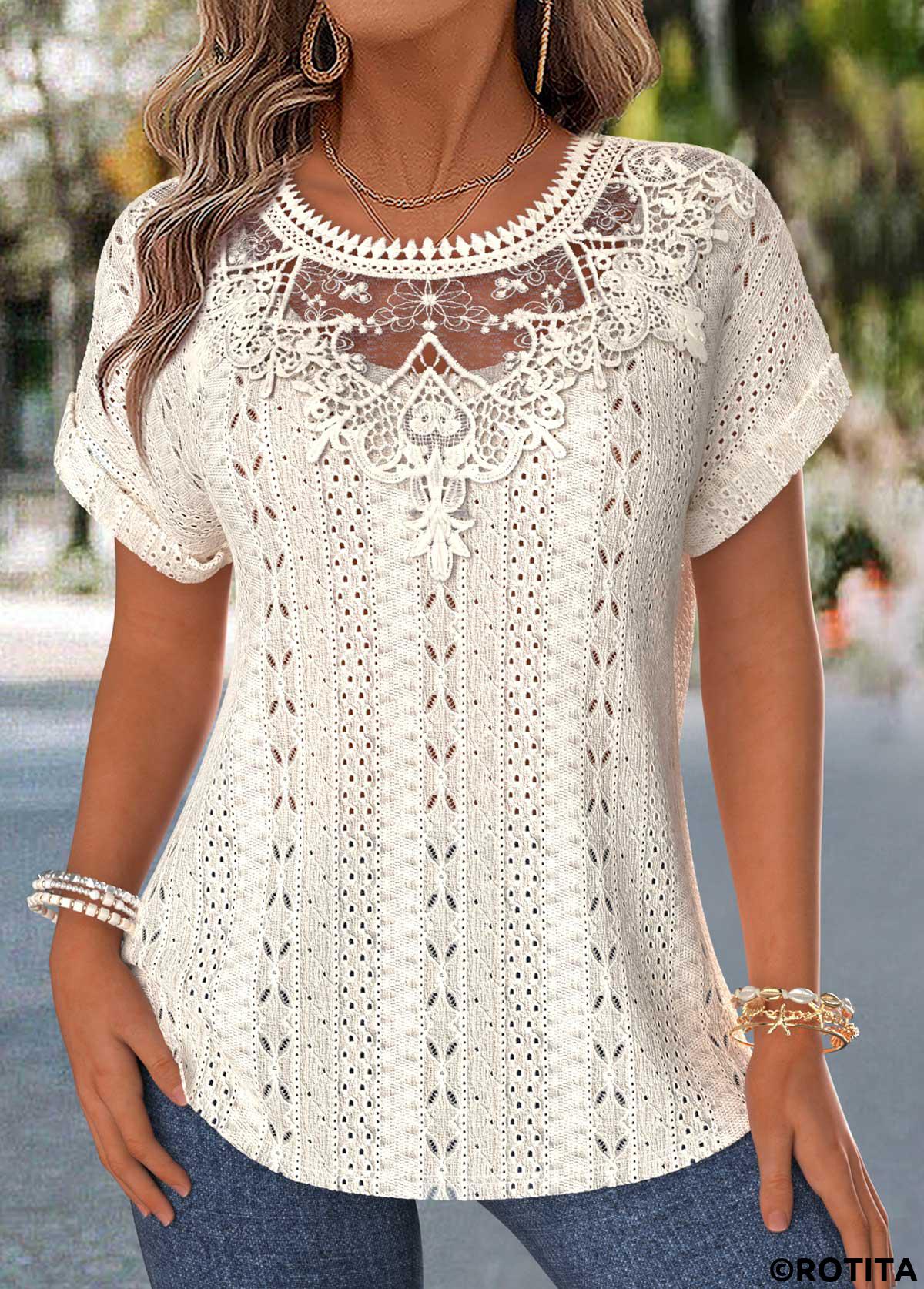 Beige tops,Plain Color tops,ROTITA Tummy Coverage Beige Round Neck Short Sleeve Blouse