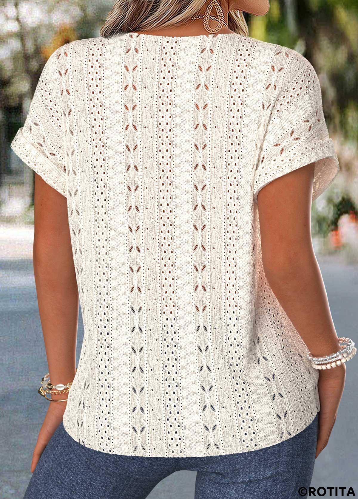 Beige tops,Plain Color tops,ROTITA Tummy Coverage Beige Round Neck Short Sleeve Blouse
