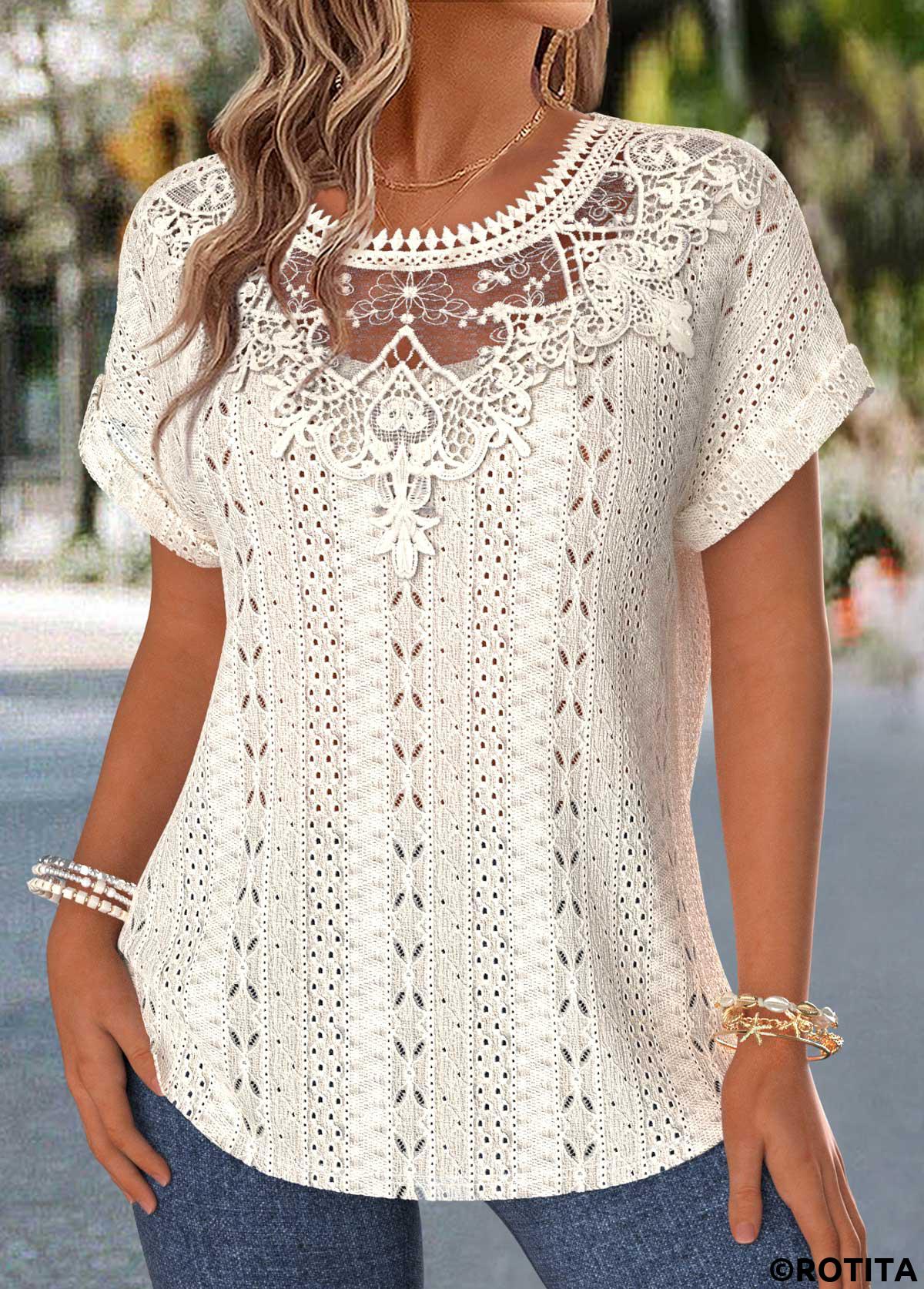 Beige tops,Plain Color tops,ROTITA Tummy Coverage Beige Round Neck Short Sleeve Blouse