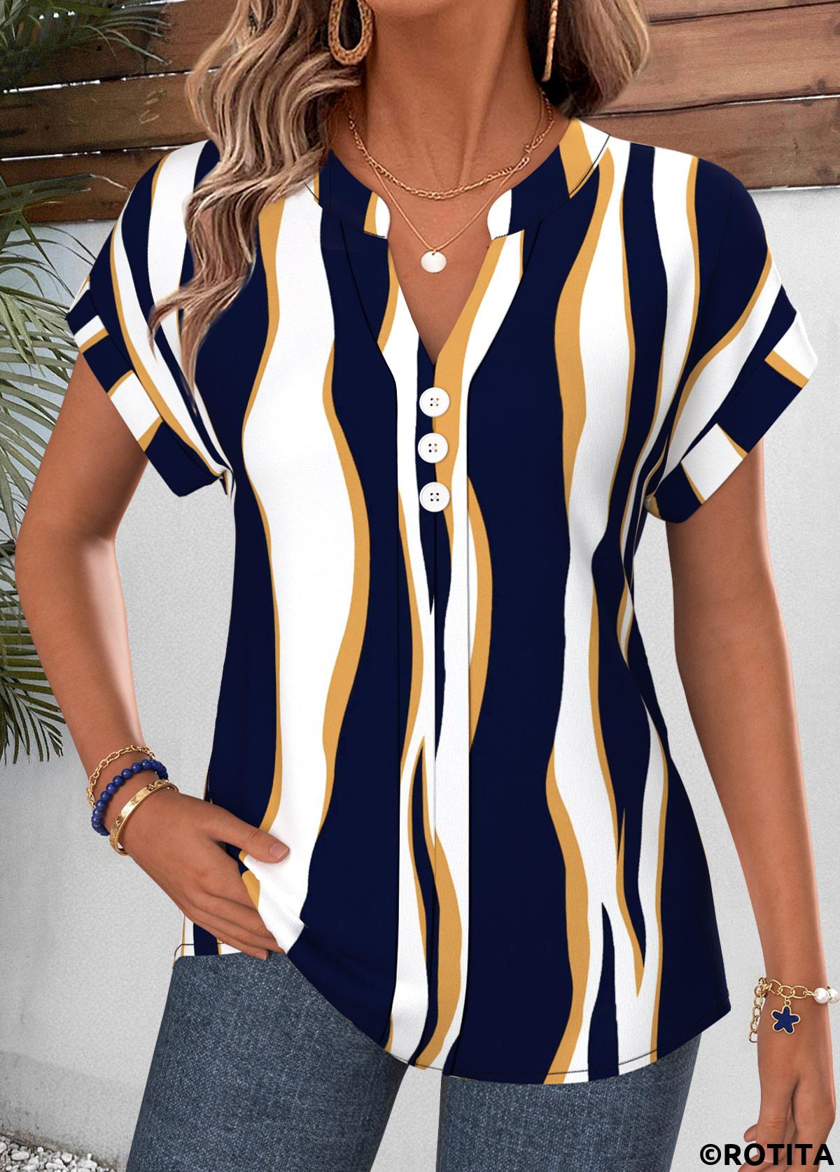 Navy tops,Geometric tops,ROTITA Curved Hem Geometric Print Navy Split Neck Blouse