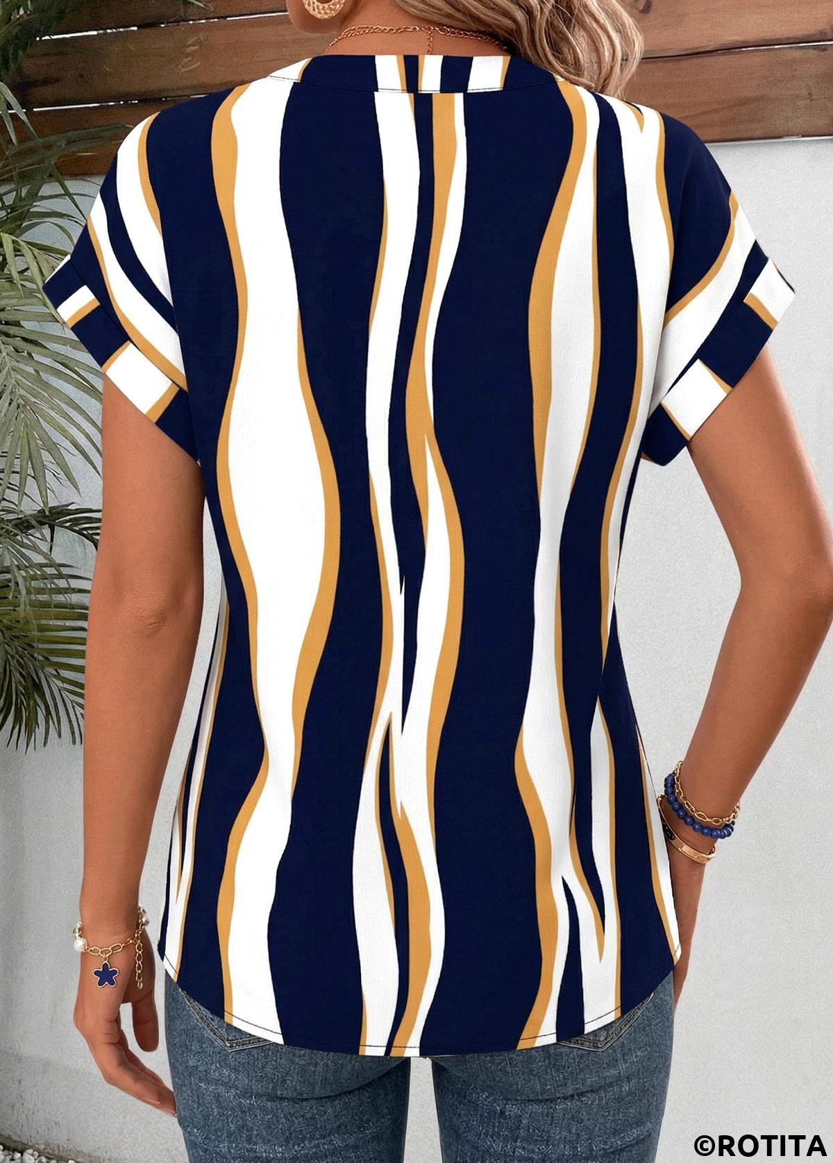 Navy tops,Geometric tops,ROTITA Curved Hem Geometric Print Navy Split Neck Blouse