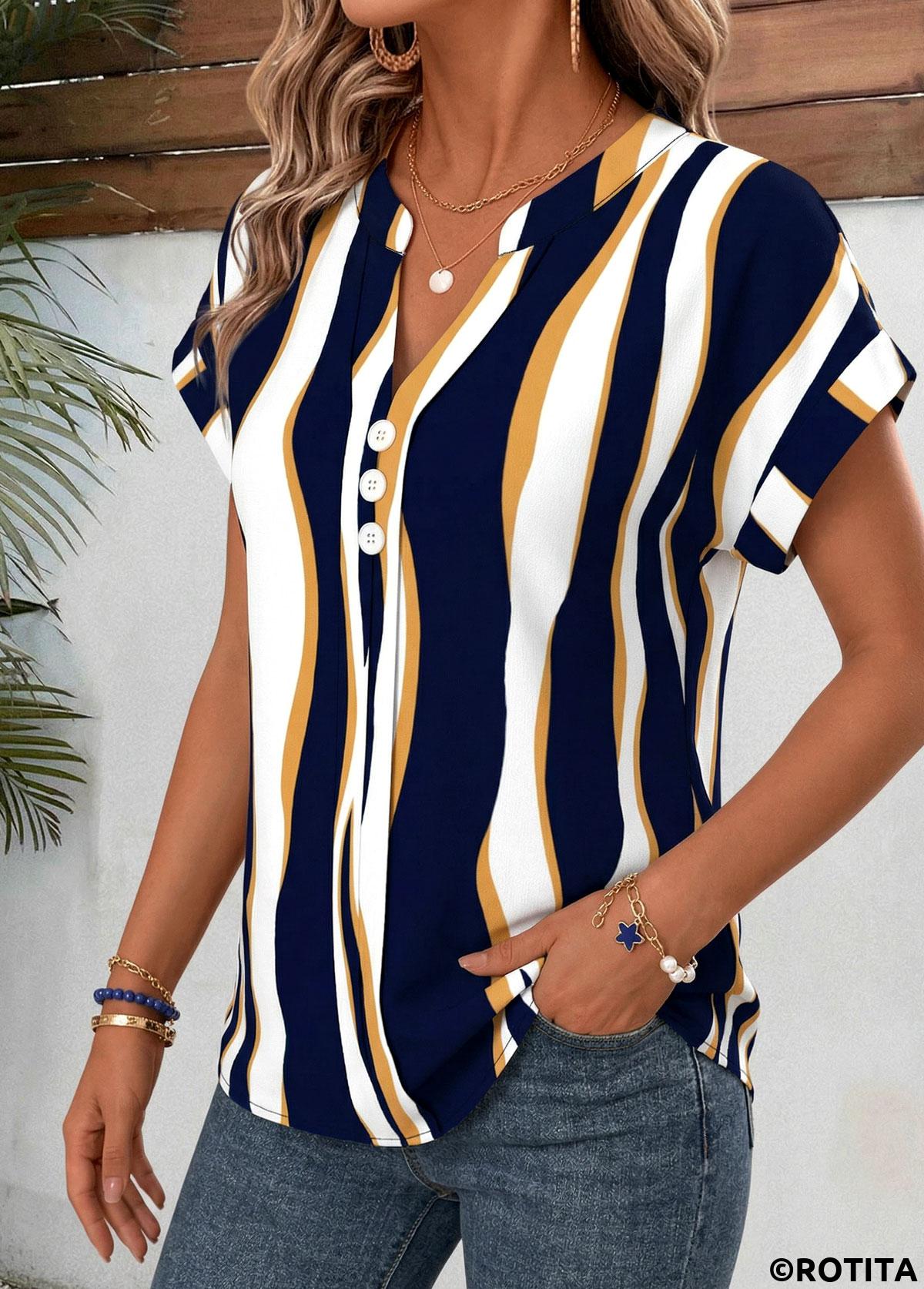 Navy tops,Geometric tops,ROTITA Curved Hem Geometric Print Navy Split Neck Blouse