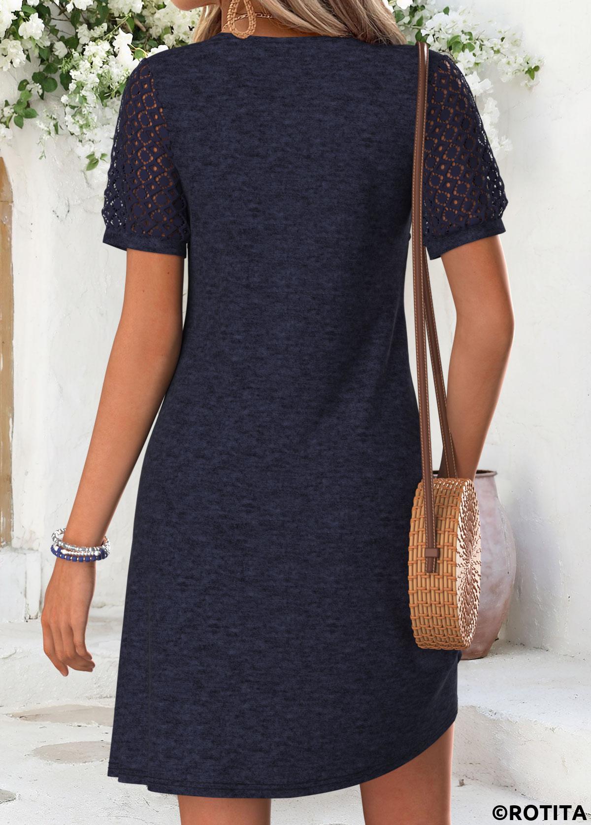 Navy dresses,Plain Color dresses,Everyday dresses,Casual dresses,ROTITA Navy Patchwork Short Round Neck Dress