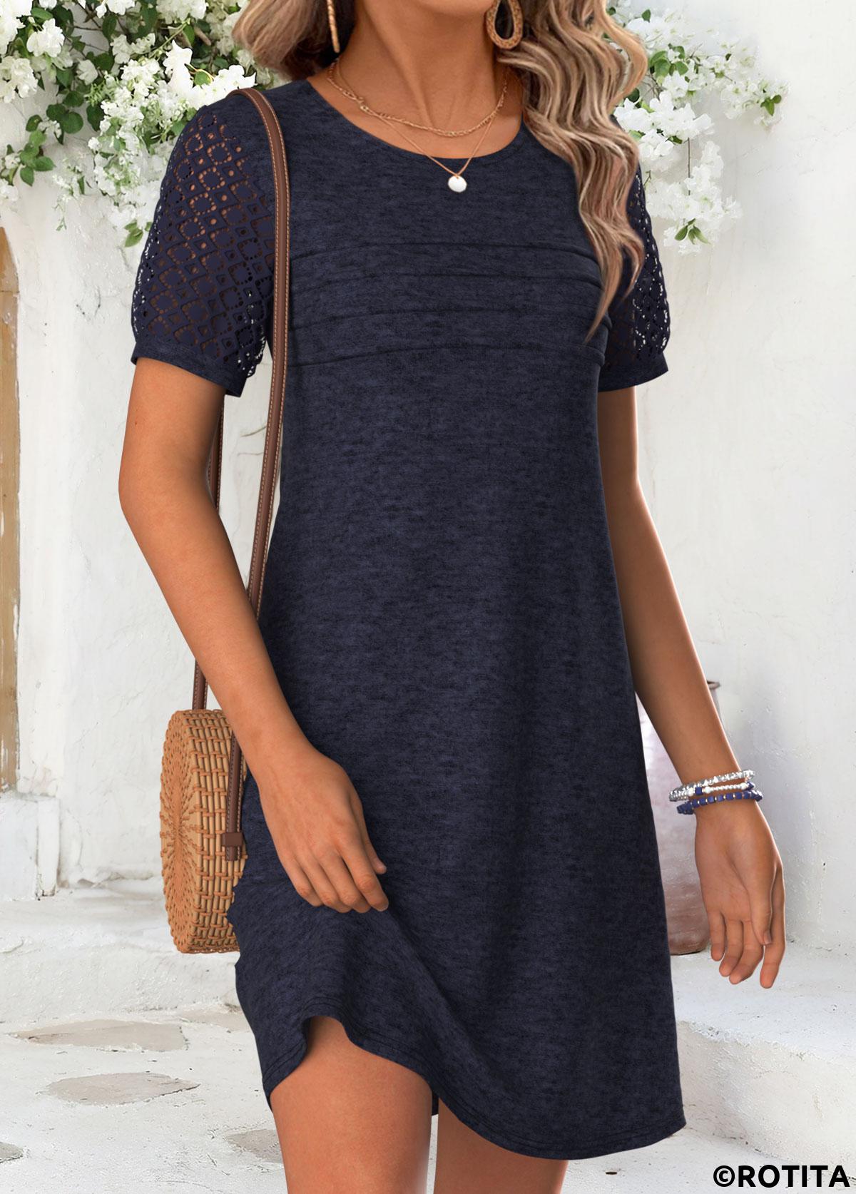 Navy dresses,Plain Color dresses,Everyday dresses,Casual dresses,ROTITA Navy Patchwork Short Round Neck Dress