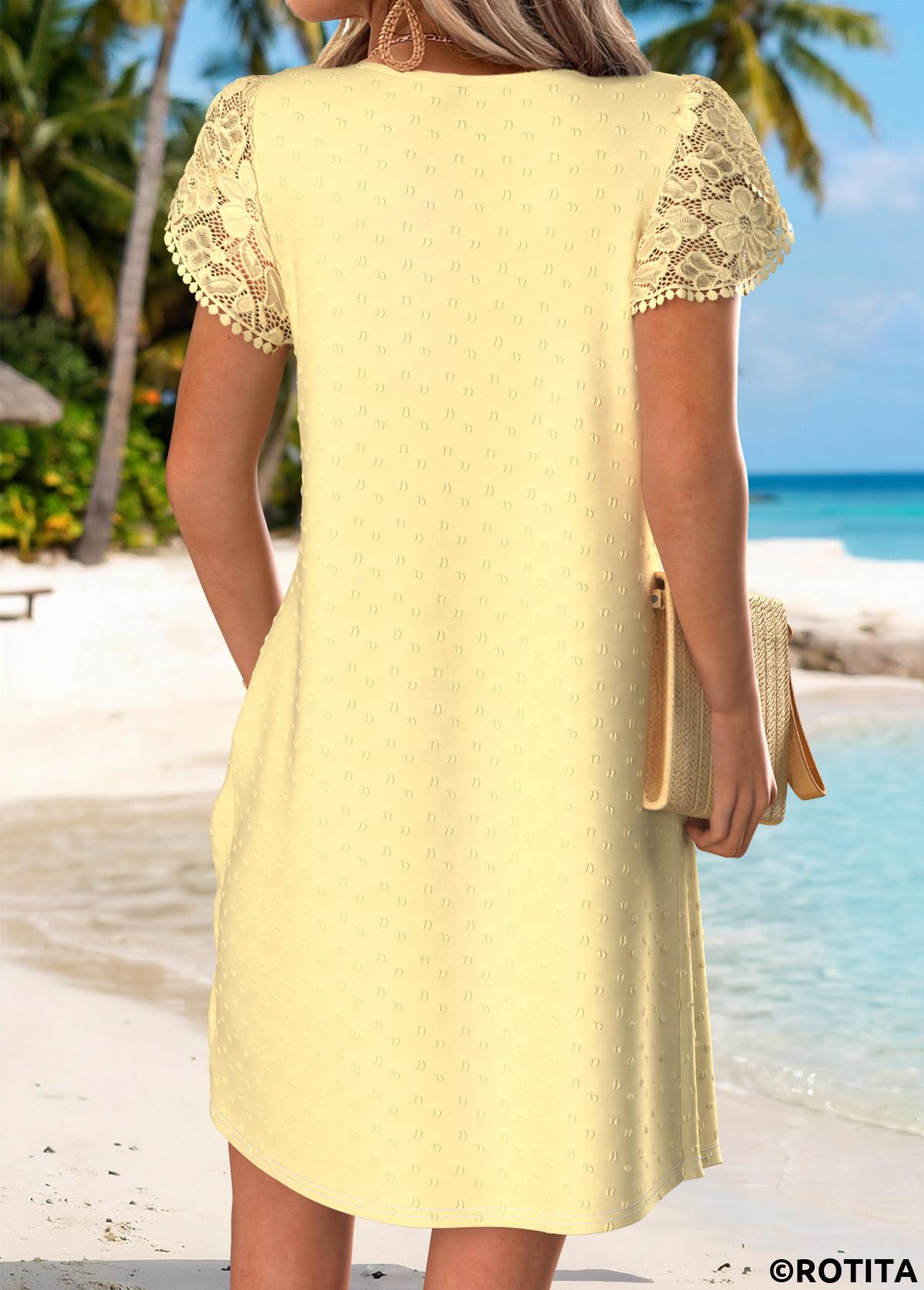 Light Yellow dresses,Plain Color dresses,Vacation dresses,Vacation dresses,ROTITA Light Yellow Tummy Coverage Short Asymmetrical Neck Dress