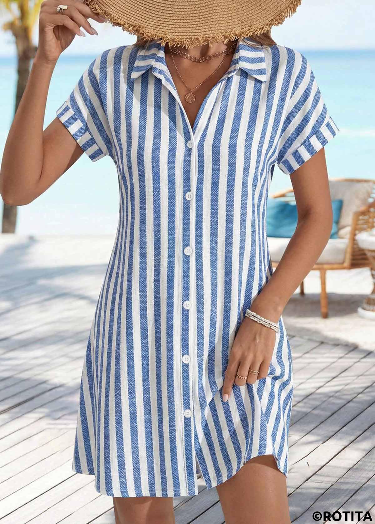Denim Blue dresses,Striped dresses,Geometric dresses,Everyday dresses,Casual dresses,ROTITA Denim Blue Striped Tummy Coverage Short Shirt Collar Dress