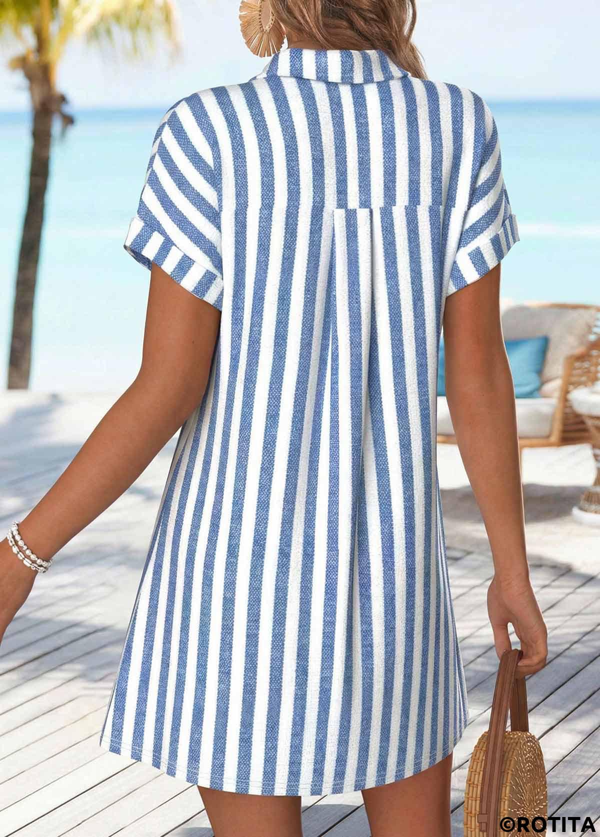Denim Blue dresses,Striped dresses,Geometric dresses,Everyday dresses,Casual dresses,ROTITA Denim Blue Striped Tummy Coverage Short Shirt Collar Dress