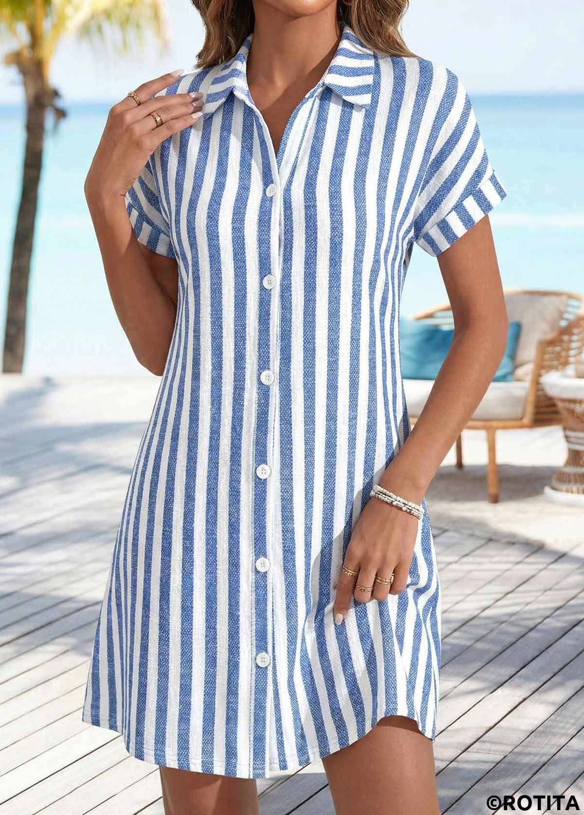 Denim Blue dresses,Striped dresses,Geometric dresses,Everyday dresses,Casual dresses,ROTITA Denim Blue Striped Tummy Coverage Short Shirt Collar Dress