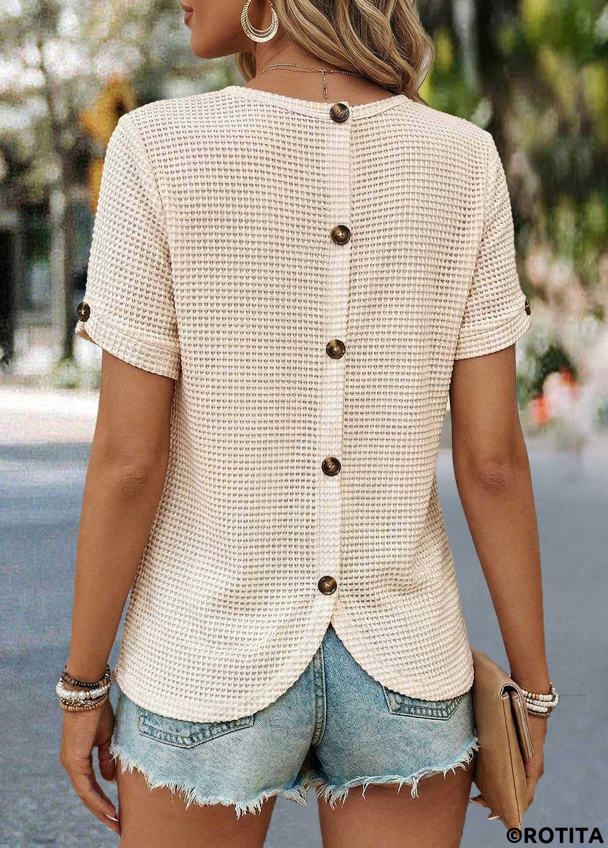 Beige tops,Plain Color tops,ROTITA Patchwork Beige Round Neck Short Sleeve T Shirt