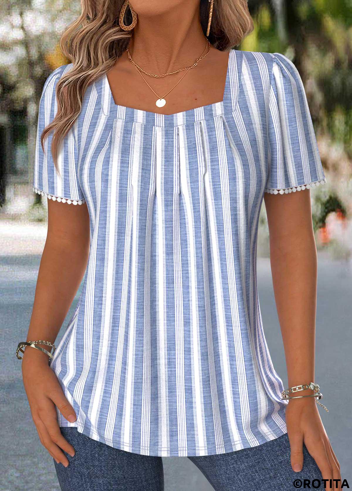 Blue plus size,Striped plus size,Geometric plus size,ROTITA Plus Size Pleated Blue Striped Square Neck T Shirt