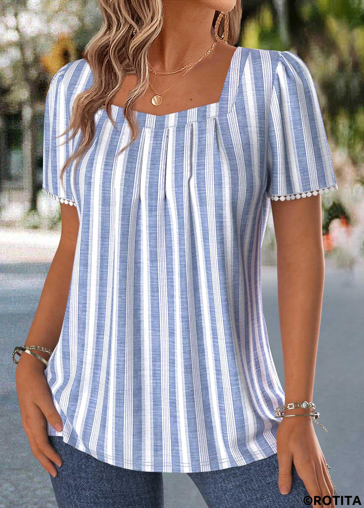 Blue plus size,Striped plus size,Geometric plus size,ROTITA Plus Size Pleated Blue Striped Square Neck T Shirt