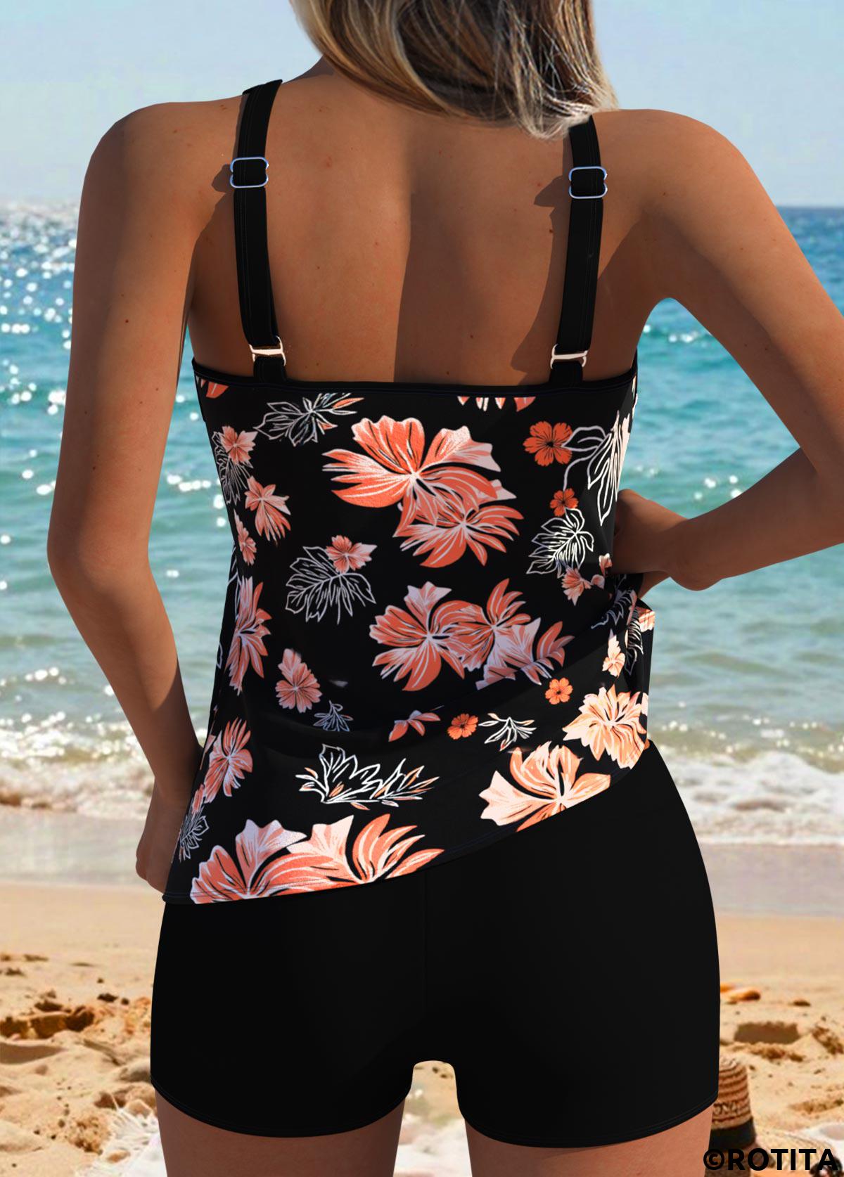 Black swimwear,Floral swimwear,Plants swimwear,ROTITA Black Patchwork Floral Print Mid Waisted Tankini Top