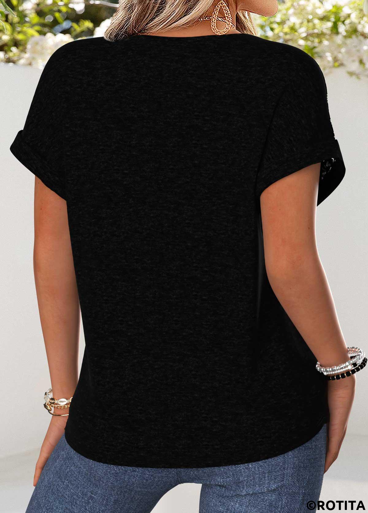 Black tops,Plain Color tops,ROTITA Patchwork Black Split Neck Short Sleeve Blouse