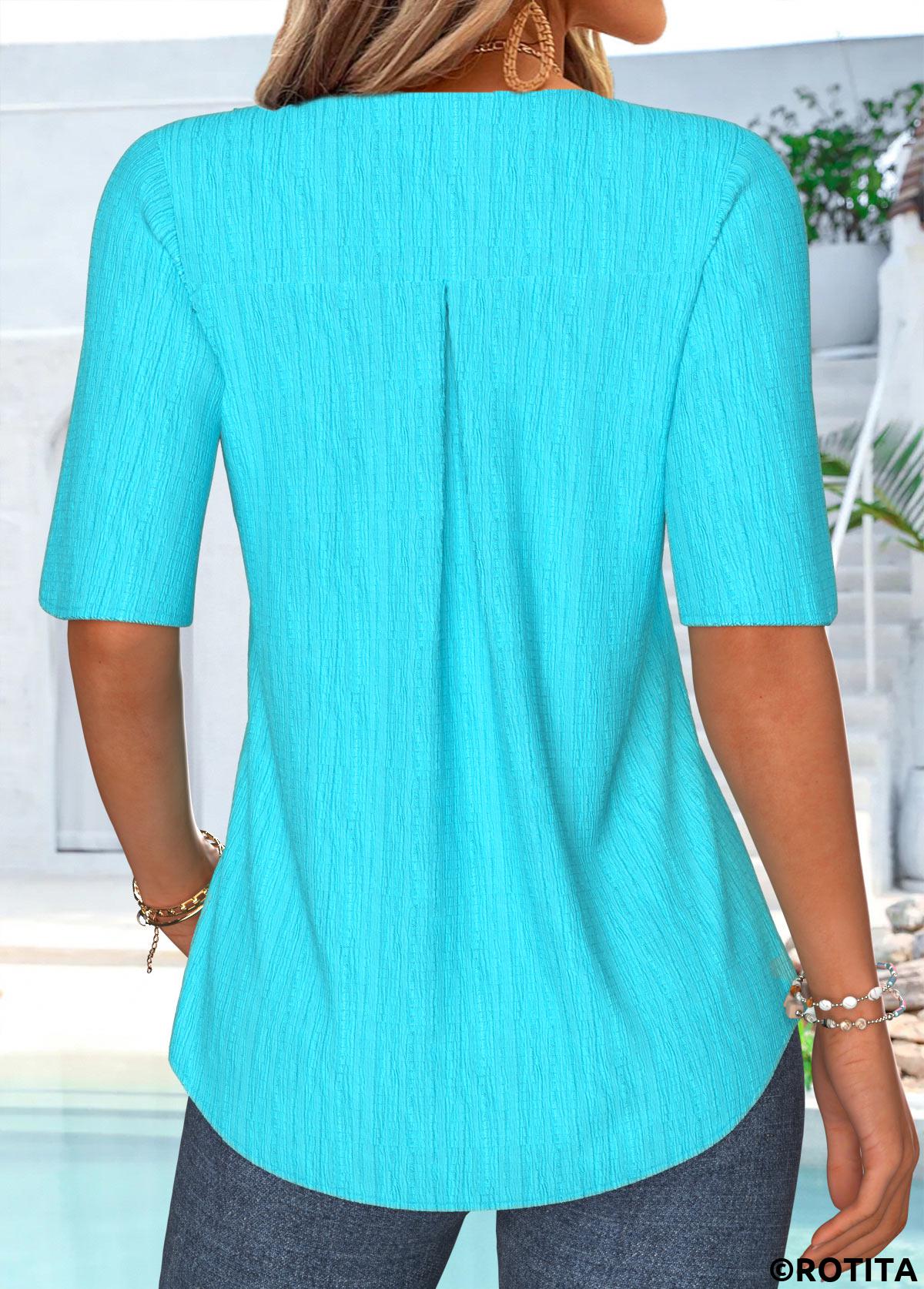 Cyan tops,Plain Color tops,ROTITA Ruffle Cyan V Neck Half Sleeve Blouse