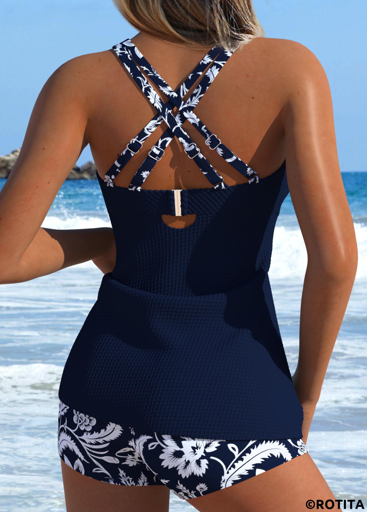 Navy swimwear,Plants swimwear,Floral swimwear,ROTITA Navy Cut Out Random Floral Print Tankini Set