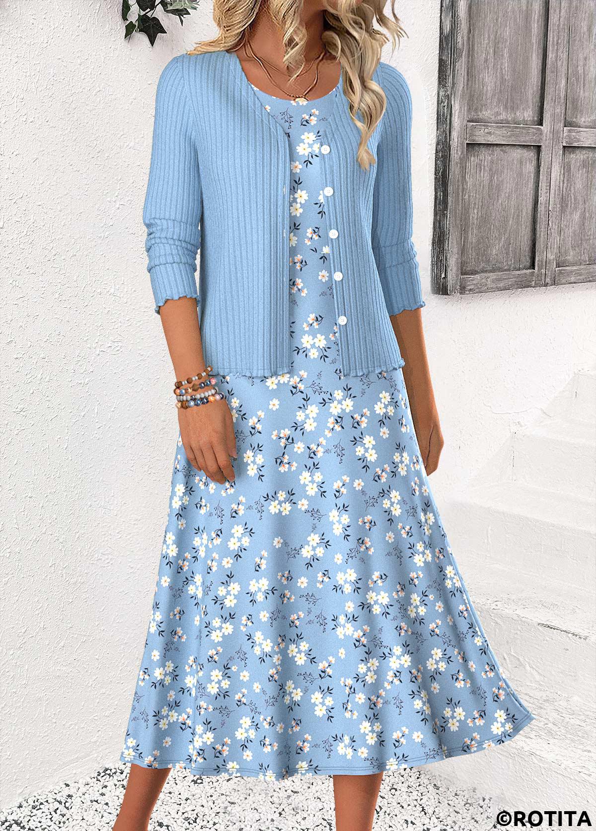 Blue dresses,Ditsy Floral dresses,Everyday dresses,Casual dresses,ROTITA Ditsy Floral Print Blue Dress and Cardigan