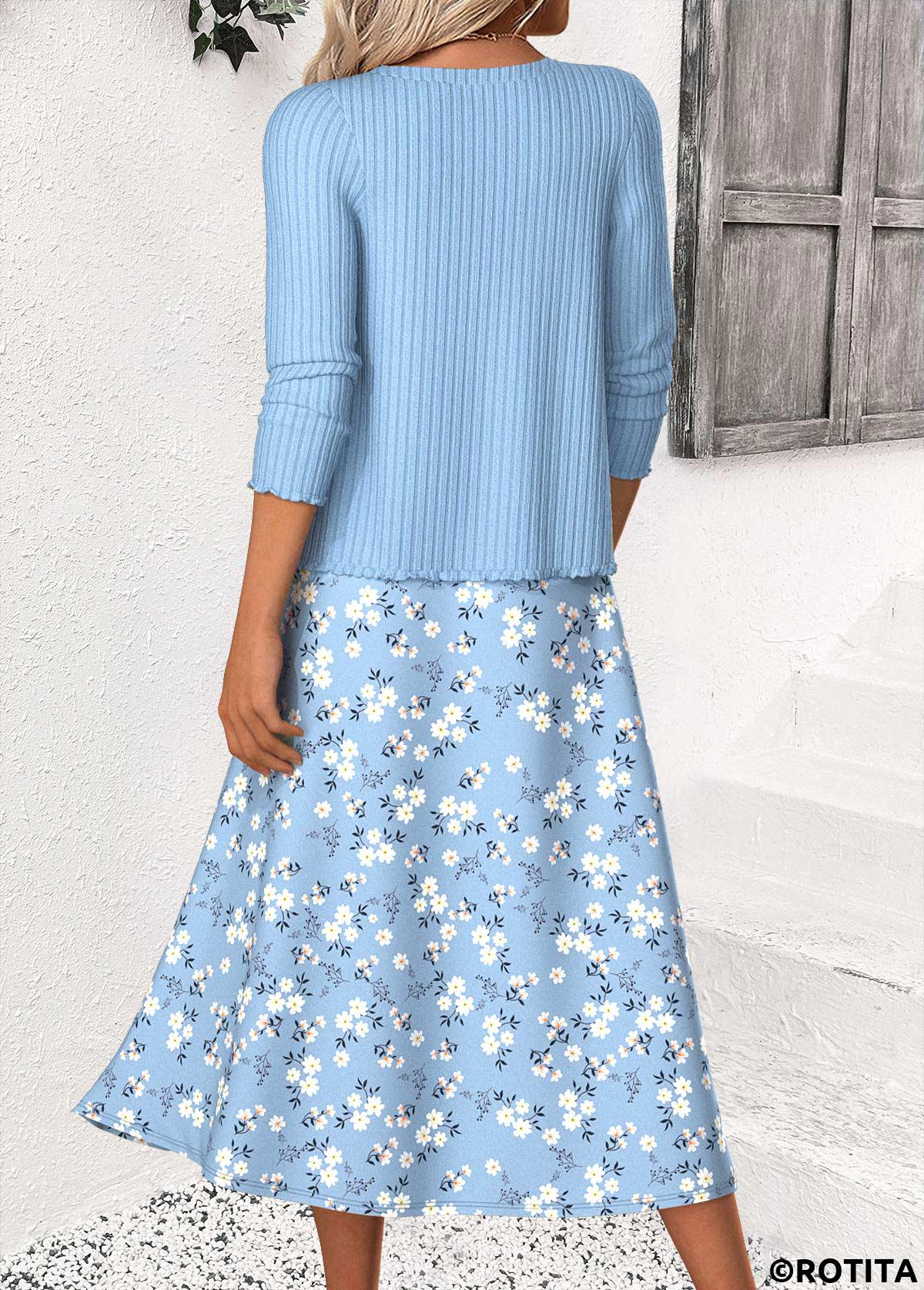 Blue dresses,Ditsy Floral dresses,Everyday dresses,Casual dresses,ROTITA Ditsy Floral Print Blue Dress and Cardigan