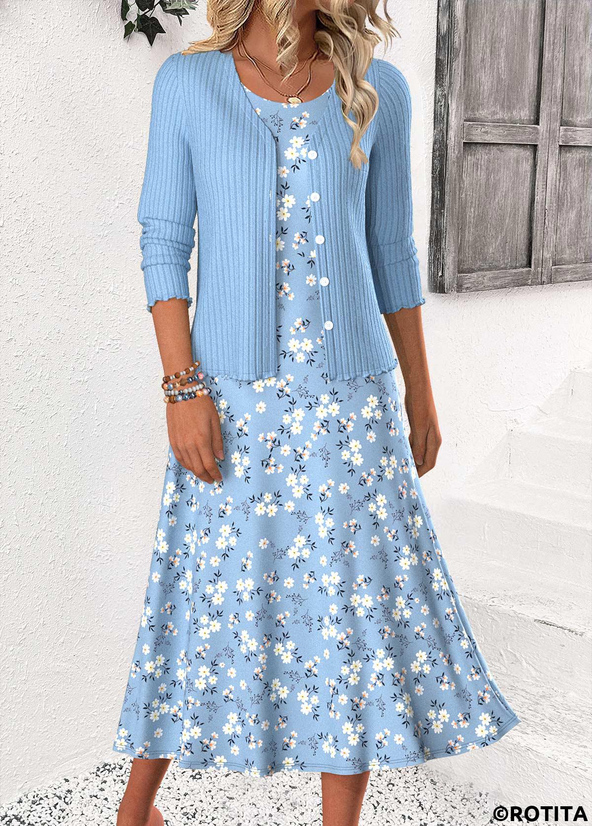 Blue dresses,Ditsy Floral dresses,Everyday dresses,Casual dresses,ROTITA Ditsy Floral Print Blue Dress and Cardigan