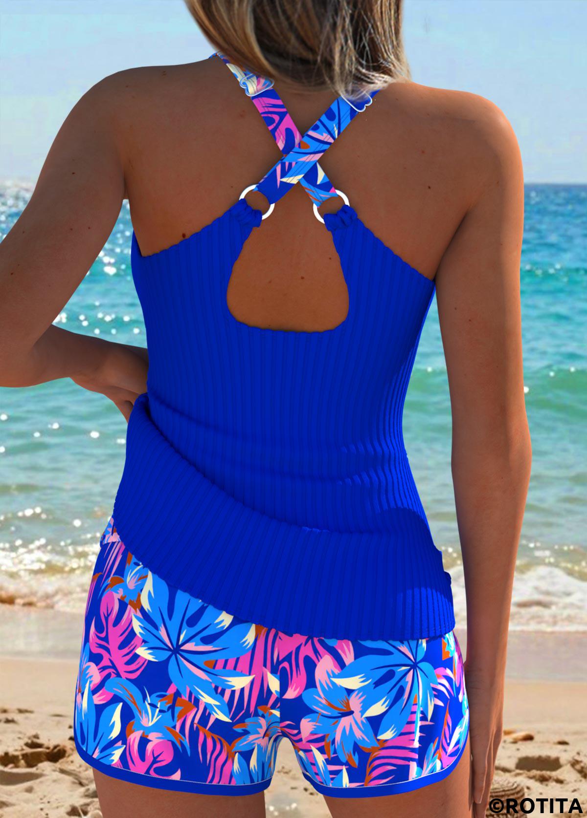 Royal Blue swimwear,Plants swimwear,ROTITA Royal Blue Tummy Coverage Leaf Print Tankini Set