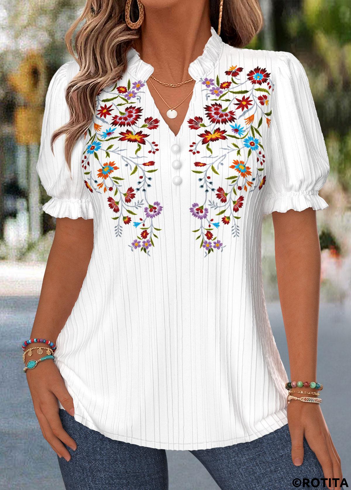 White tops,Floral tops,Plants tops,ROTITA Curved Hem Floral Print White Split Neck Blouse