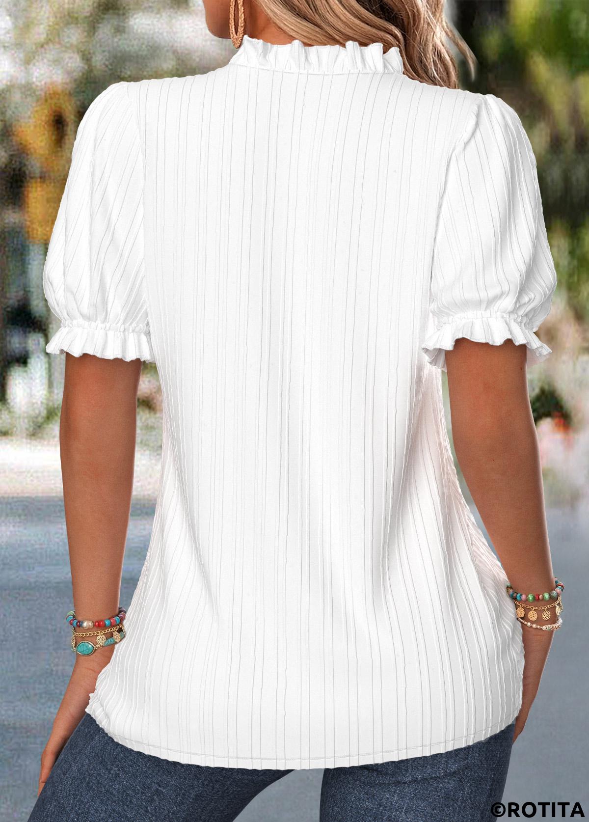White tops,Floral tops,Plants tops,ROTITA Curved Hem Floral Print White Split Neck Blouse