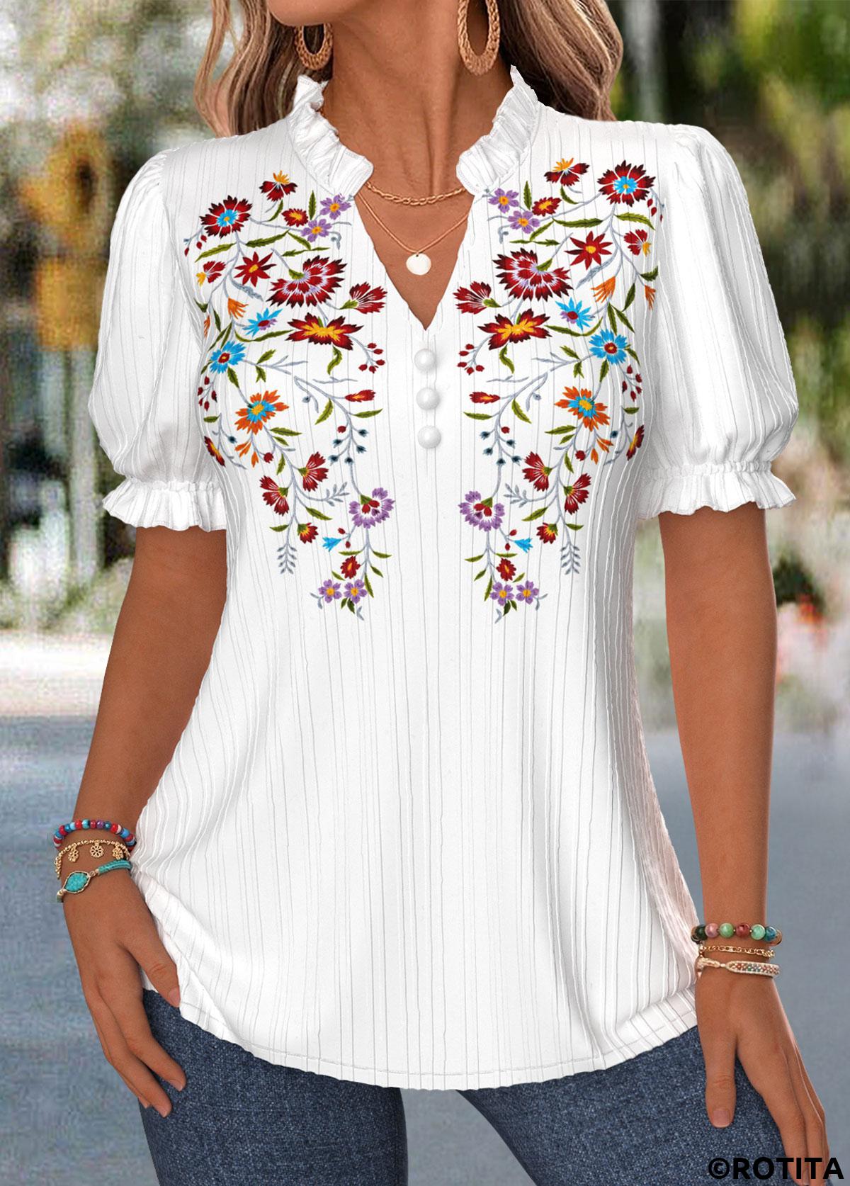 White tops,Floral tops,Plants tops,ROTITA Curved Hem Floral Print White Split Neck Blouse