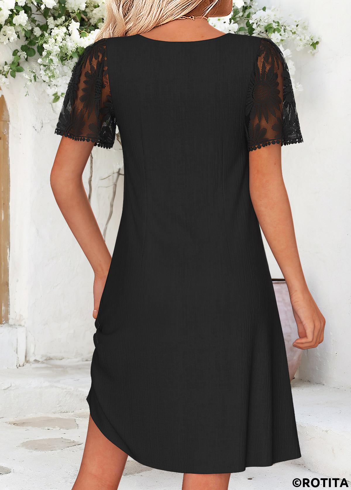 Black dresses,Plain Color dresses,Vacation dresses,Vacation dresses,ROTITA Black Tummy Coverage Short Square Neck Dress