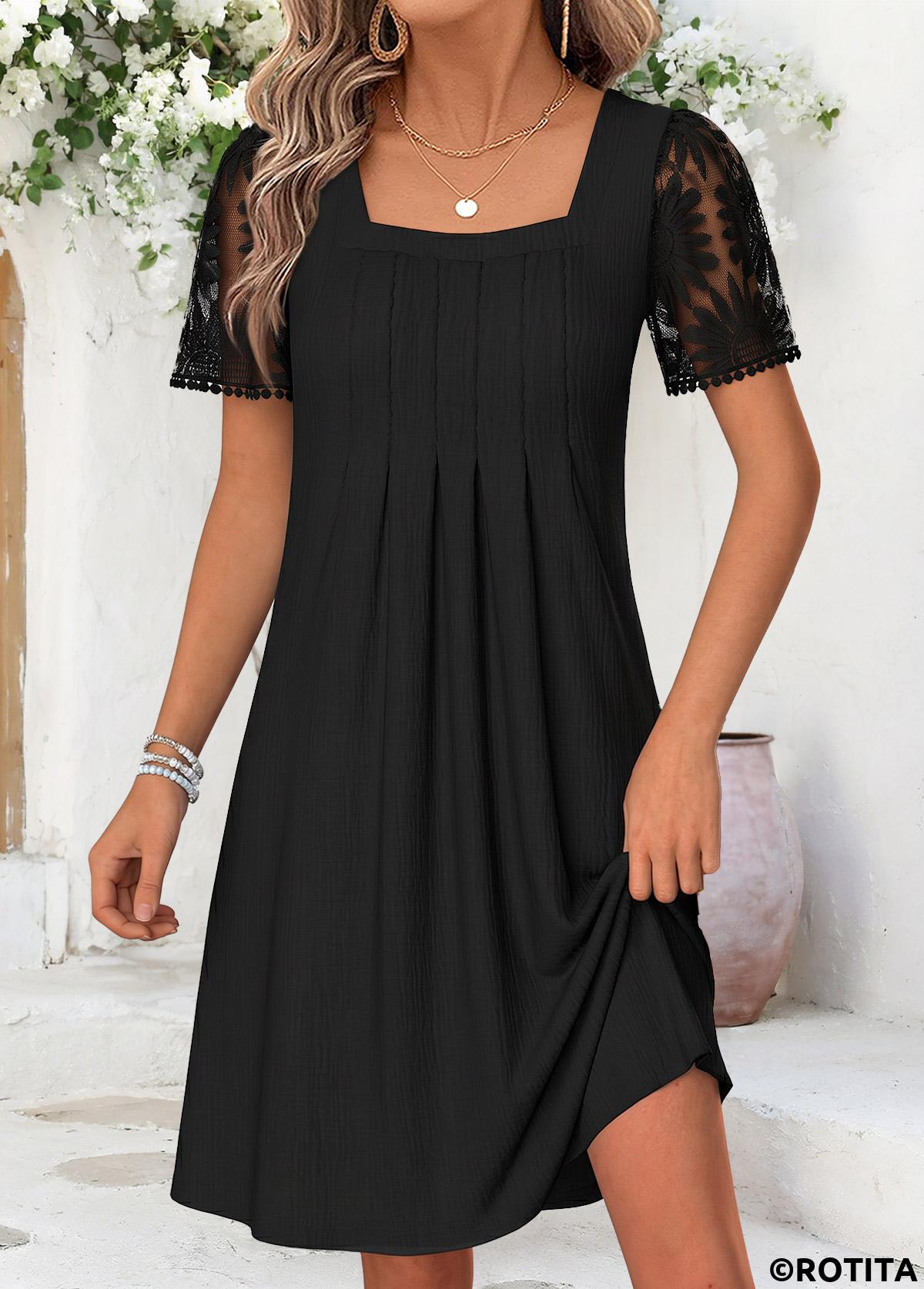 Black dresses,Plain Color dresses,Vacation dresses,Vacation dresses,ROTITA Black Tummy Coverage Short Square Neck Dress