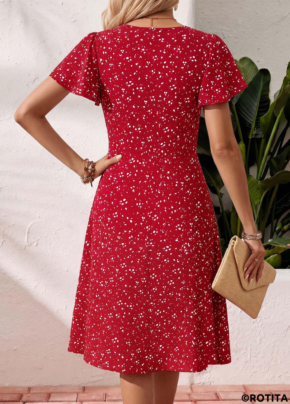 Red dresses,Dot dresses,Vacation dresses,Vacation dresses,ROTITA Red Polka Dot Tummy Coverage Square Neck Dress