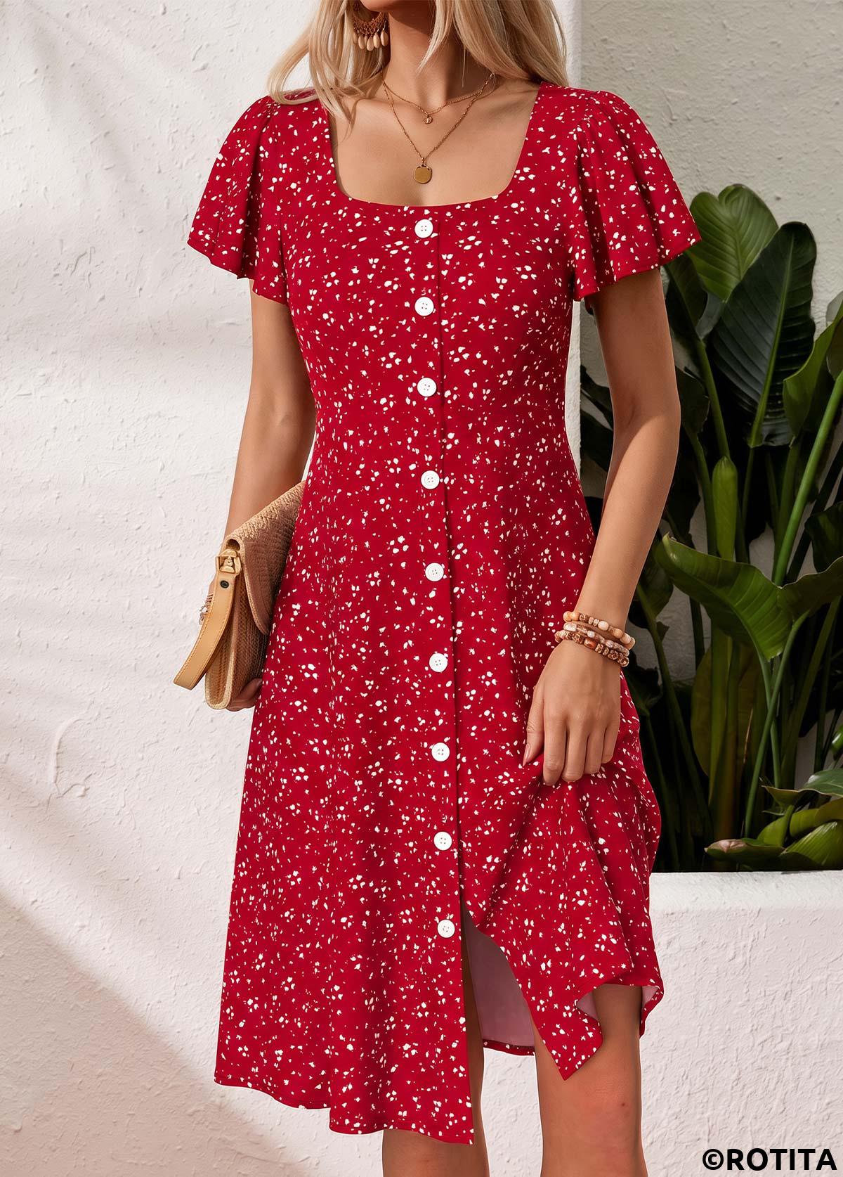 Red dresses,Dot dresses,Vacation dresses,Vacation dresses,ROTITA Red Polka Dot Tummy Coverage Square Neck Dress