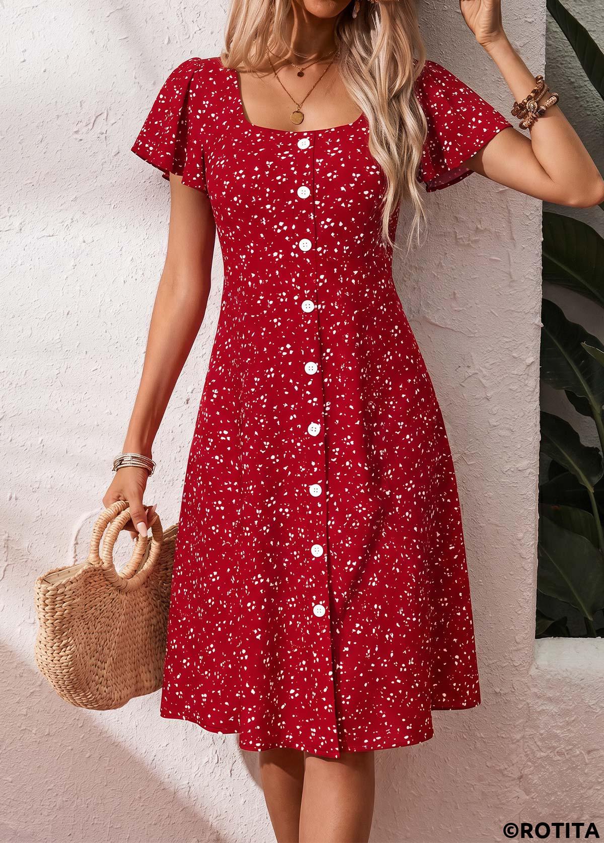 Red dresses,Dot dresses,Vacation dresses,Vacation dresses,ROTITA Red Polka Dot Tummy Coverage Square Neck Dress
