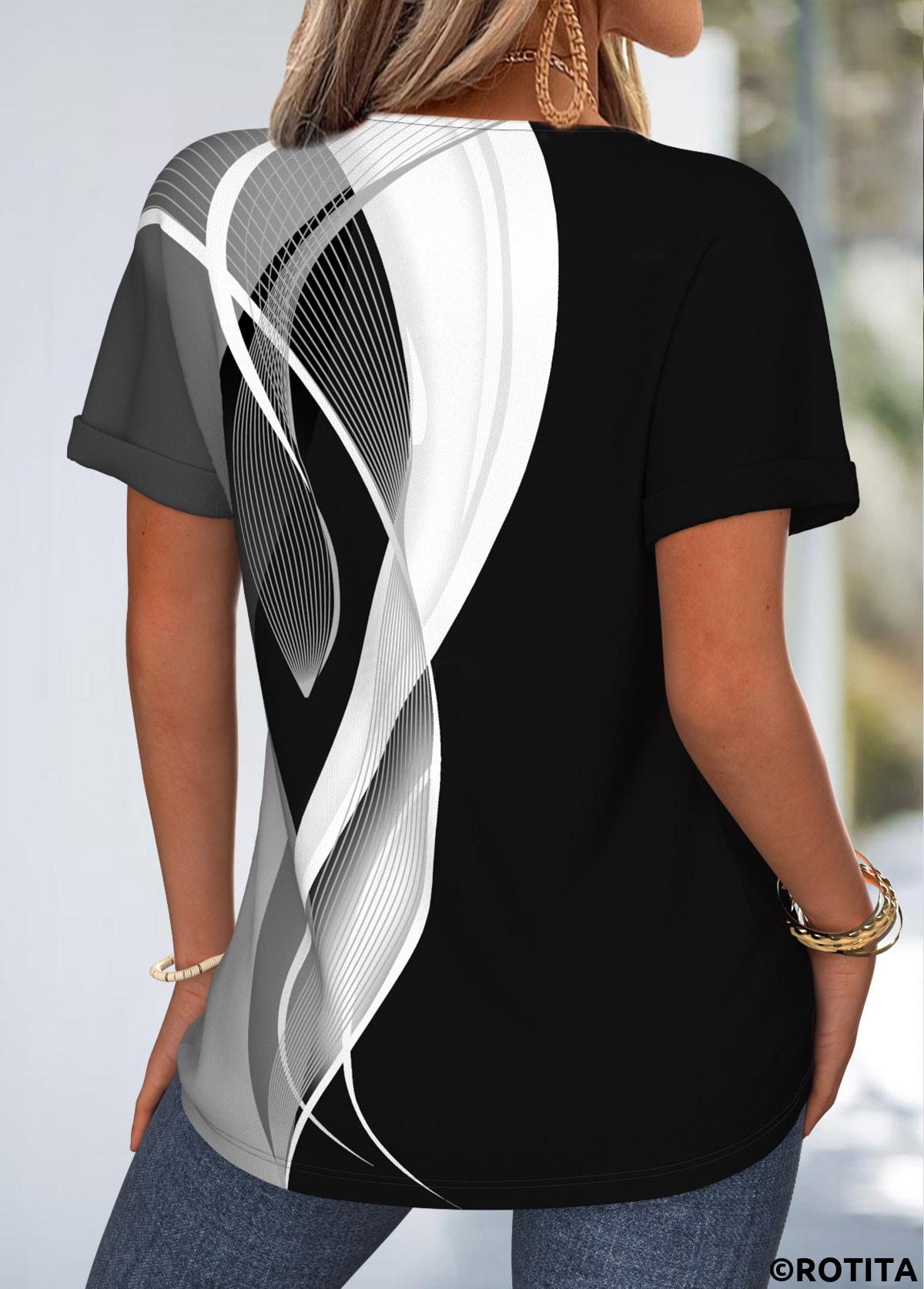 Black tops,Geometric tops,ROTITA Tummy Coverage Geometric Print Black Round Neck T Shirt