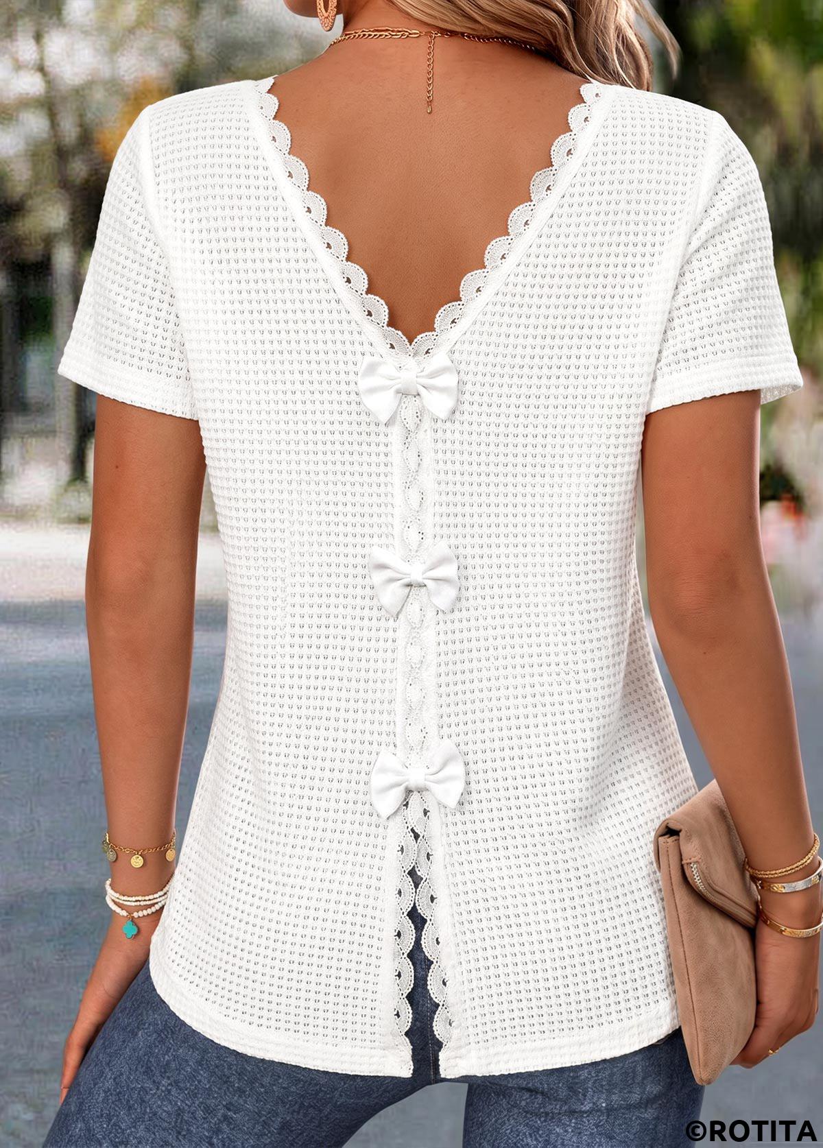 White tops,Plain Color tops,ROTITA White V Neck Short Sleeve T Shirt