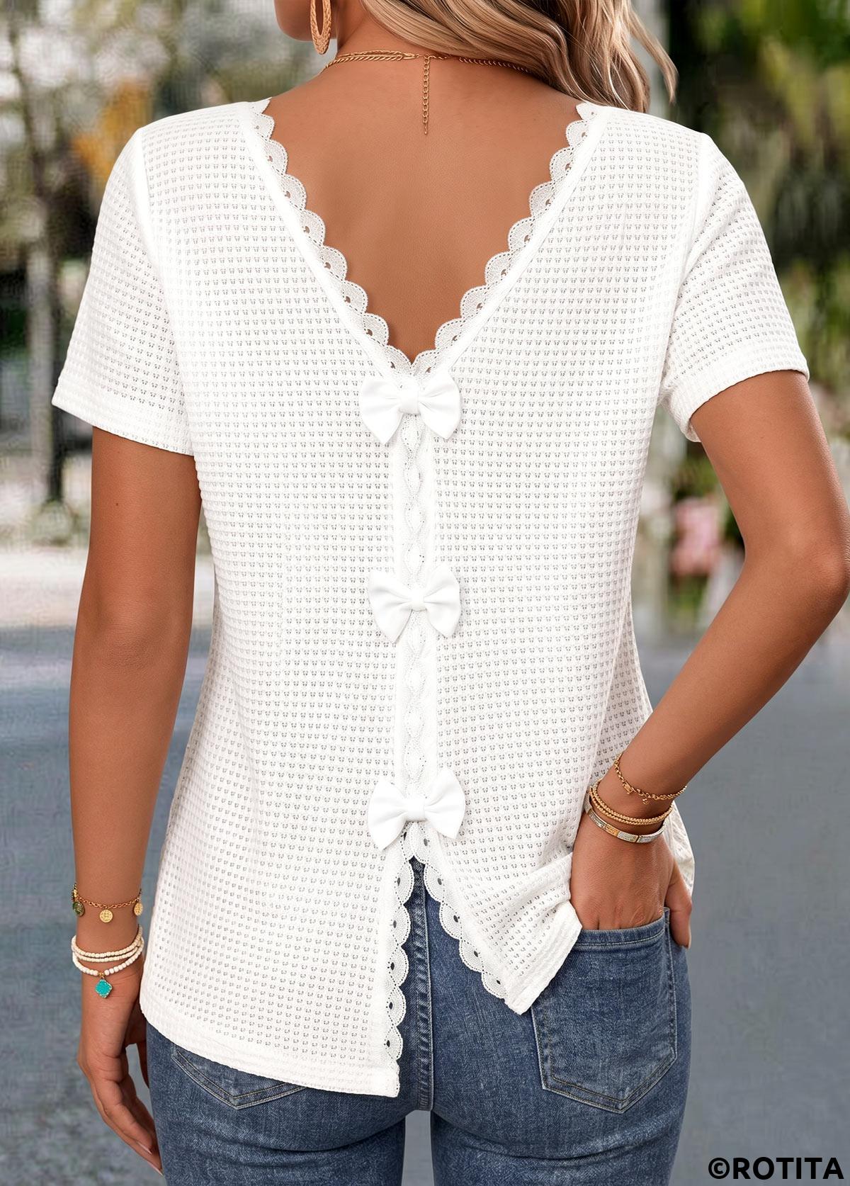 White tops,Plain Color tops,ROTITA White V Neck Short Sleeve T Shirt