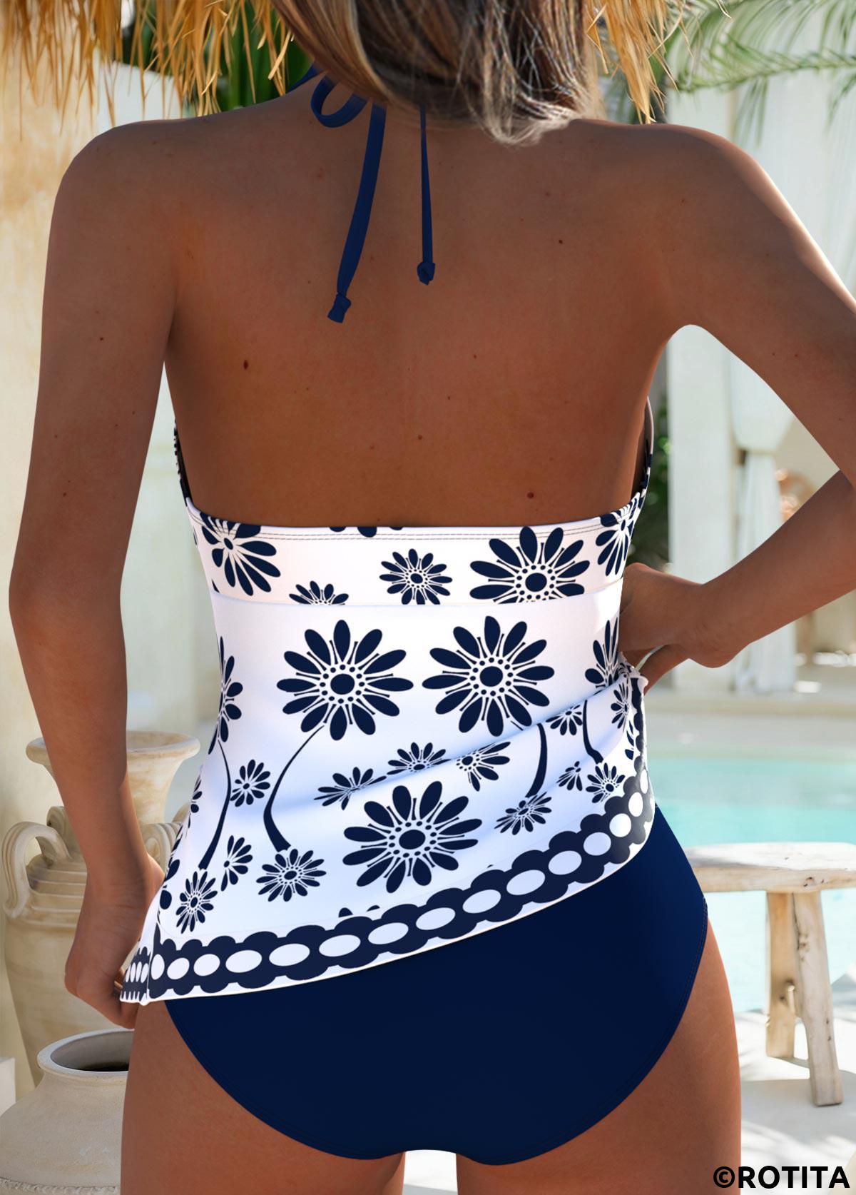 Navy swimwear,Plants swimwear,Floral swimwear,ROTITA Navy Tummy Coverage Random Floral Print Tankini Set