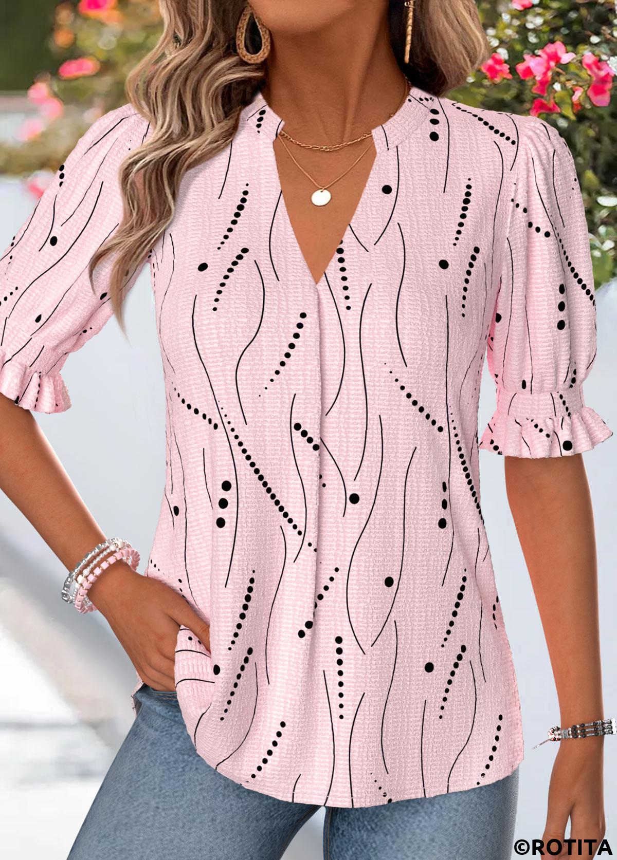 Light Pink tops,Geometric tops,ROTITA Shirred Geometric Print Light Pink Split Neck Blouse