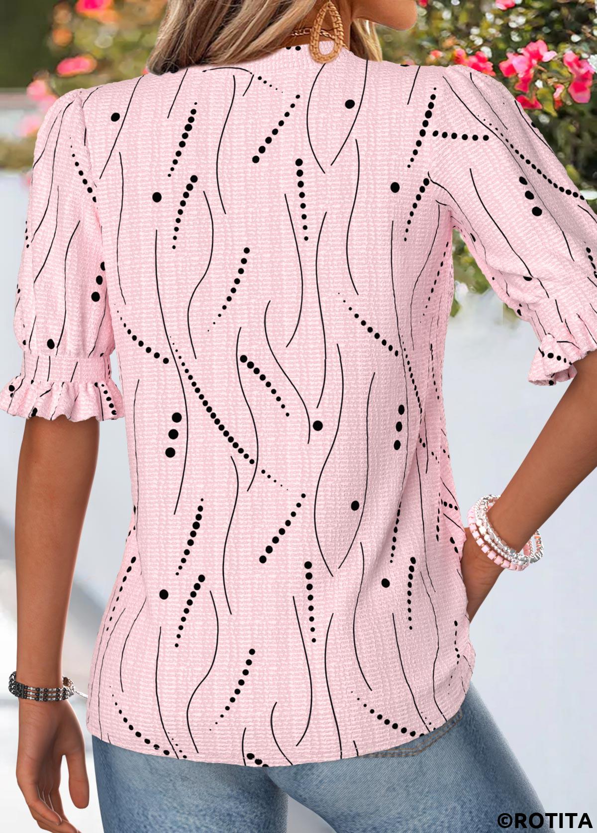 Light Pink tops,Geometric tops,ROTITA Shirred Geometric Print Light Pink Split Neck Blouse