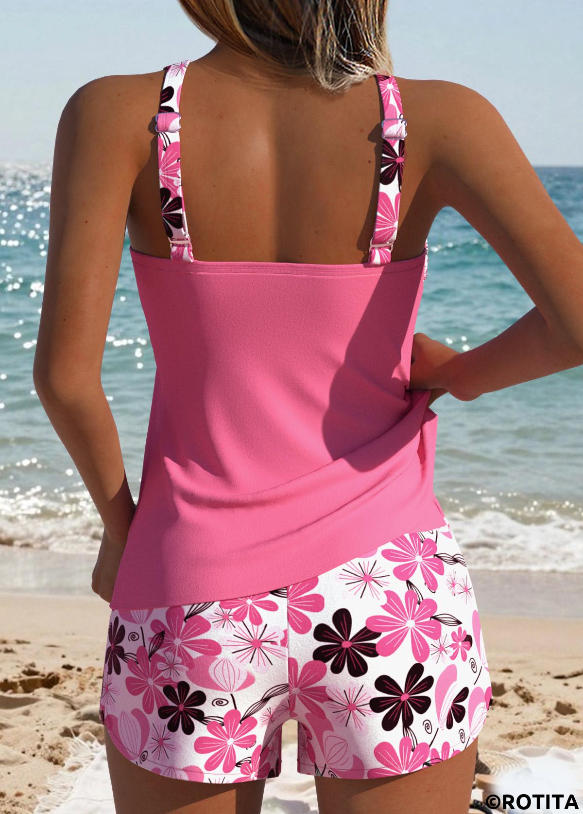 Pink swimwear,Floral swimwear,Plants swimwear,ROTITA Pink Two-piece Floral Print Mid Waisted Tankini Set