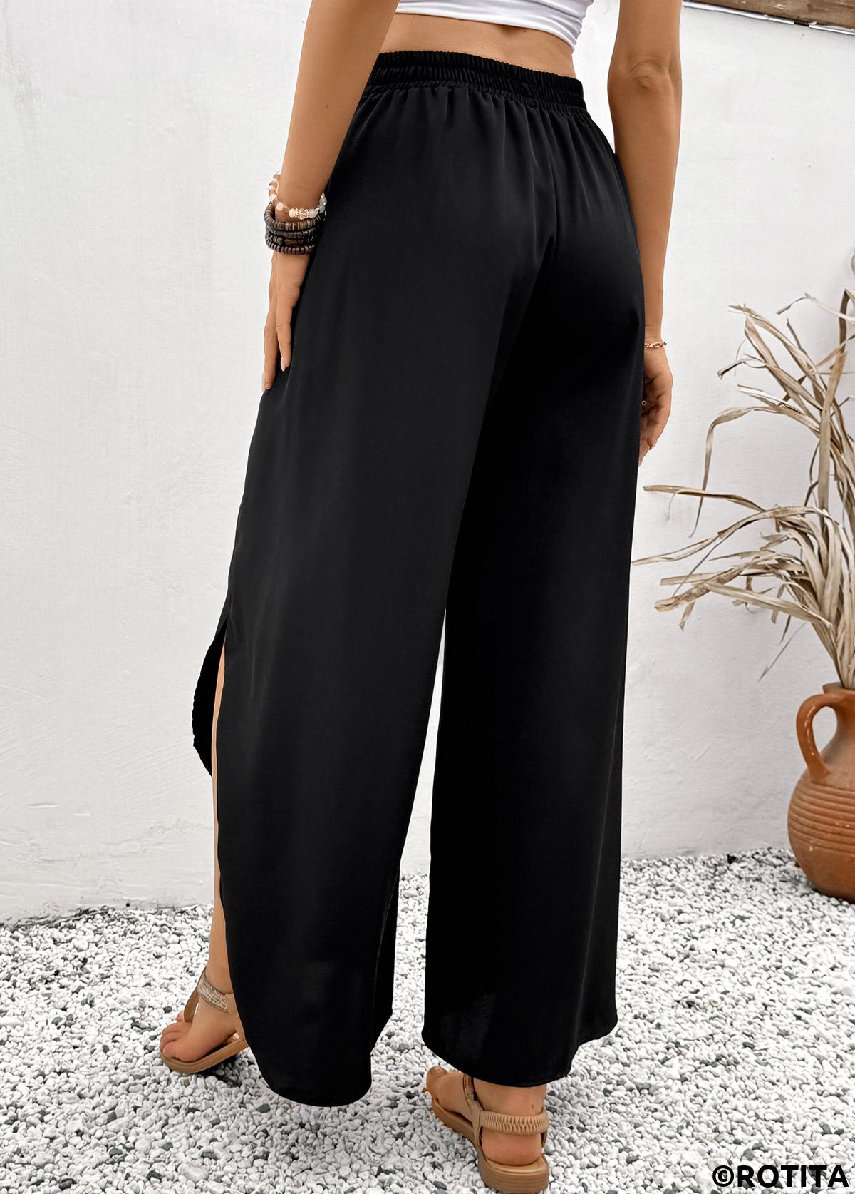 Black bottoms,Plain Color bottoms,Black Flare Leg Elastic Waist High Waisted Pants
