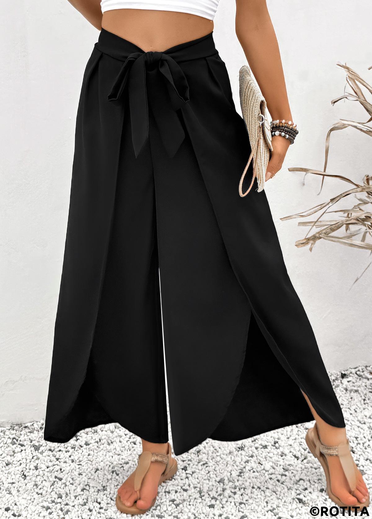Black bottoms,Plain Color bottoms,Black Flare Leg Elastic Waist High Waisted Pants