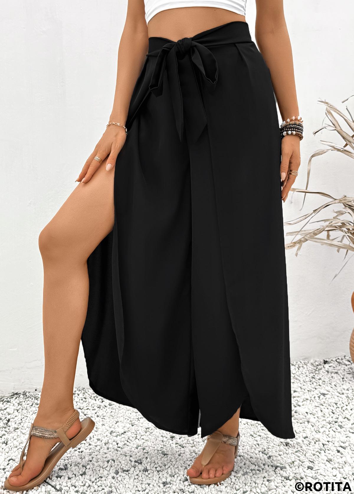 Black bottoms,Plain Color bottoms,Black Flare Leg Elastic Waist High Waisted Pants