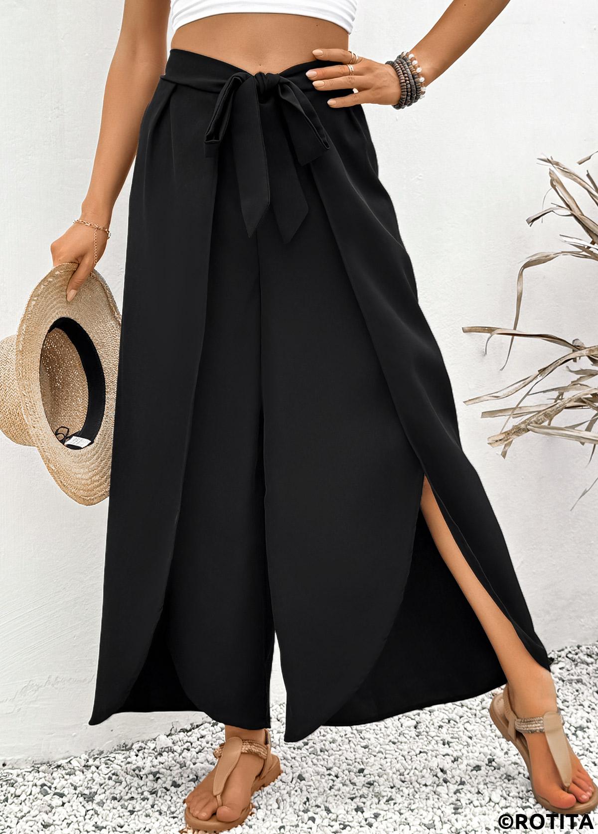 Black bottoms,Plain Color bottoms,Black Flare Leg Elastic Waist High Waisted Pants