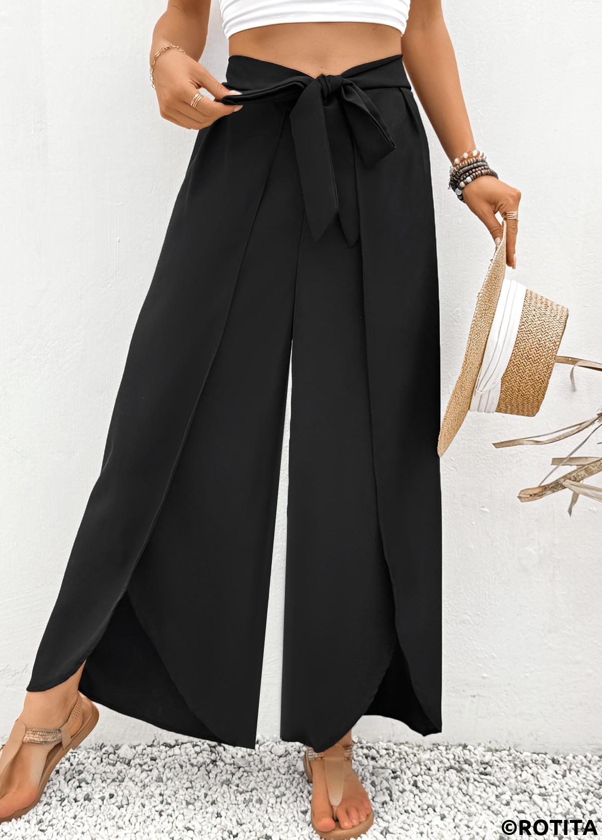 Black bottoms,Plain Color bottoms,Black Flare Leg Elastic Waist High Waisted Pants